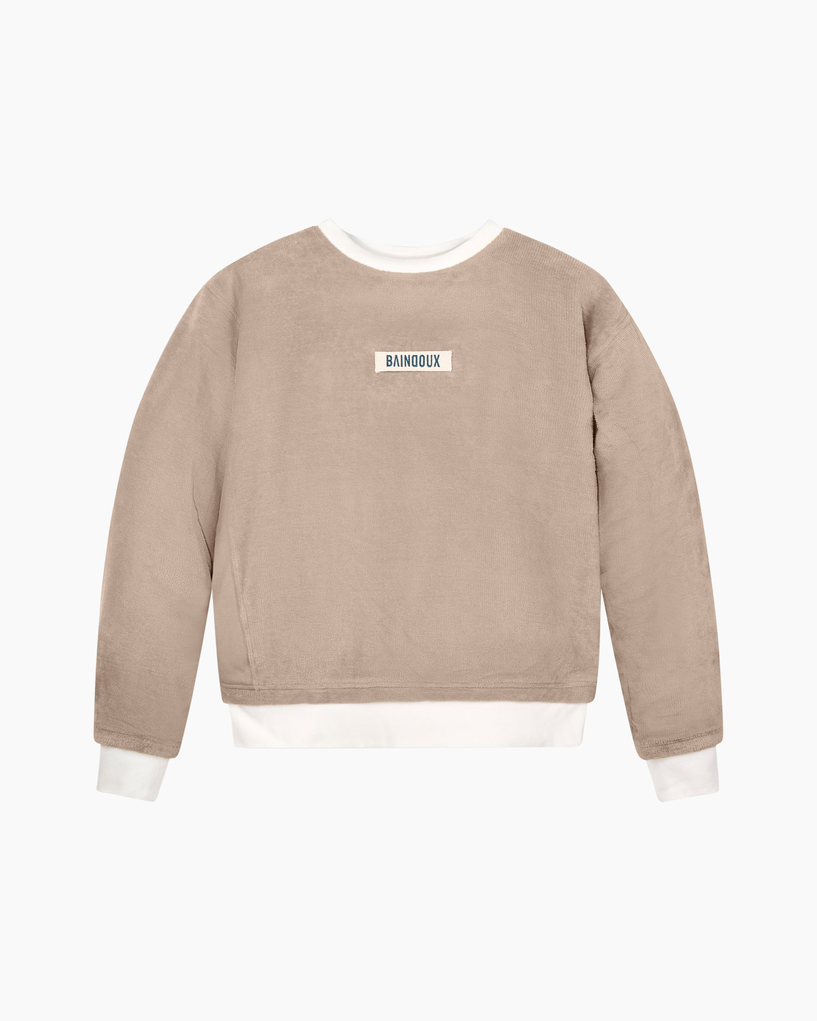 sweatshirt, beige, crewneck, long_sleeve, patch_logo