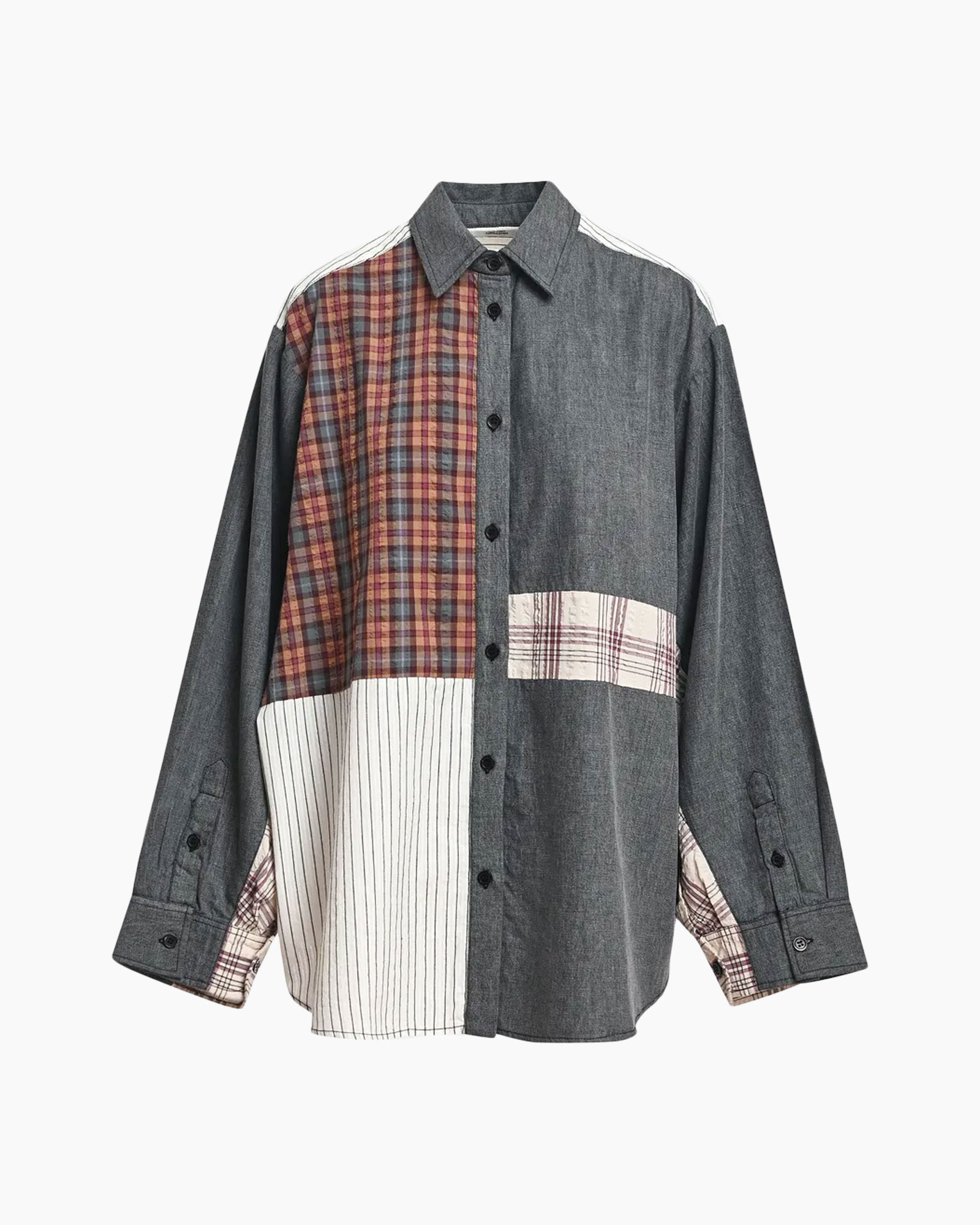 shirt, patchwork, paneelwerk, denim, langere mouwen