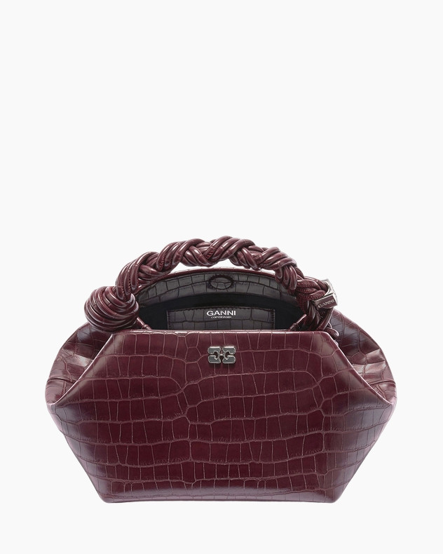 handbag, top-handle, croco-embossed, burgundy, woven-strap