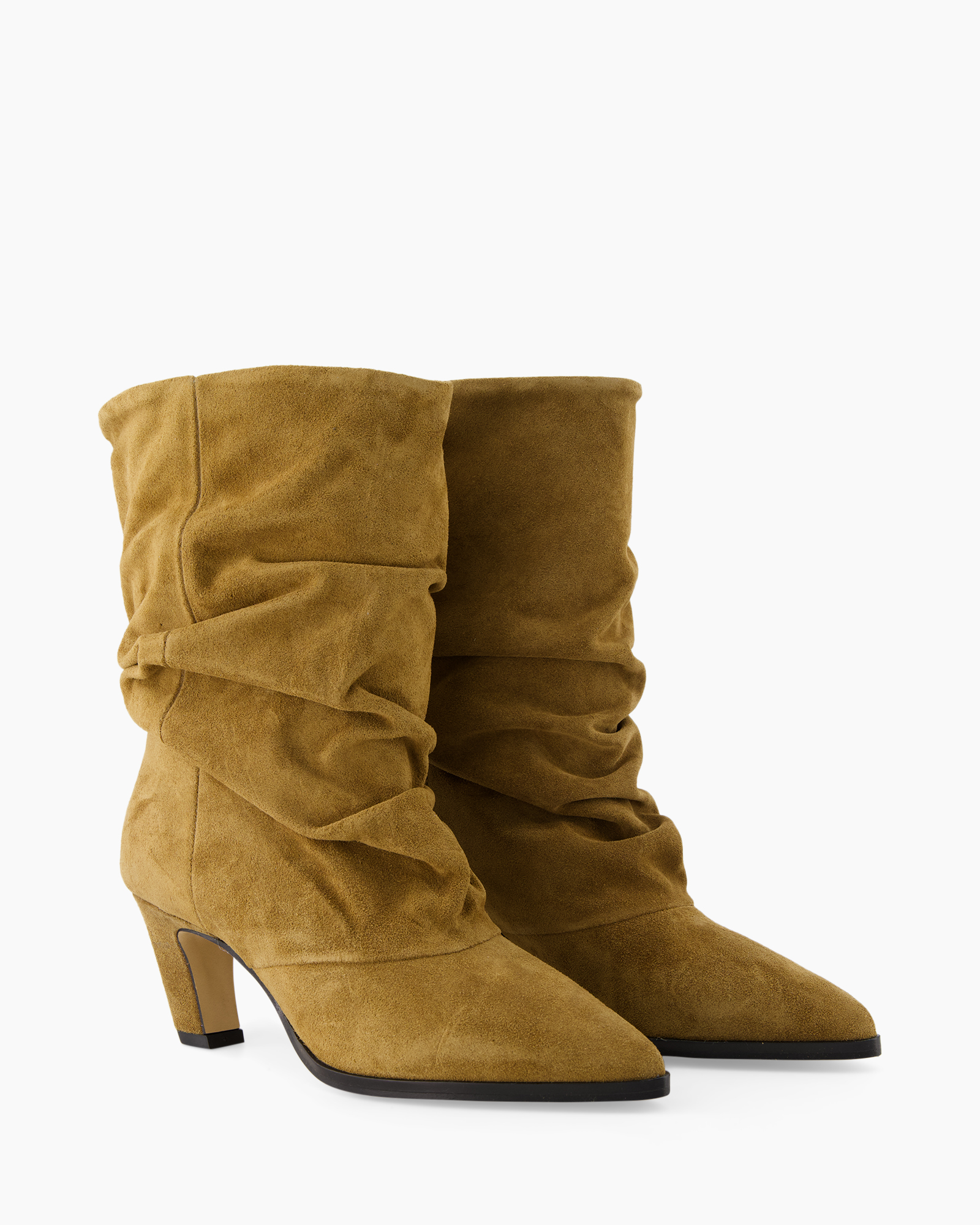 enkelboot, suede, gerafeld, camel, middelhoog hak