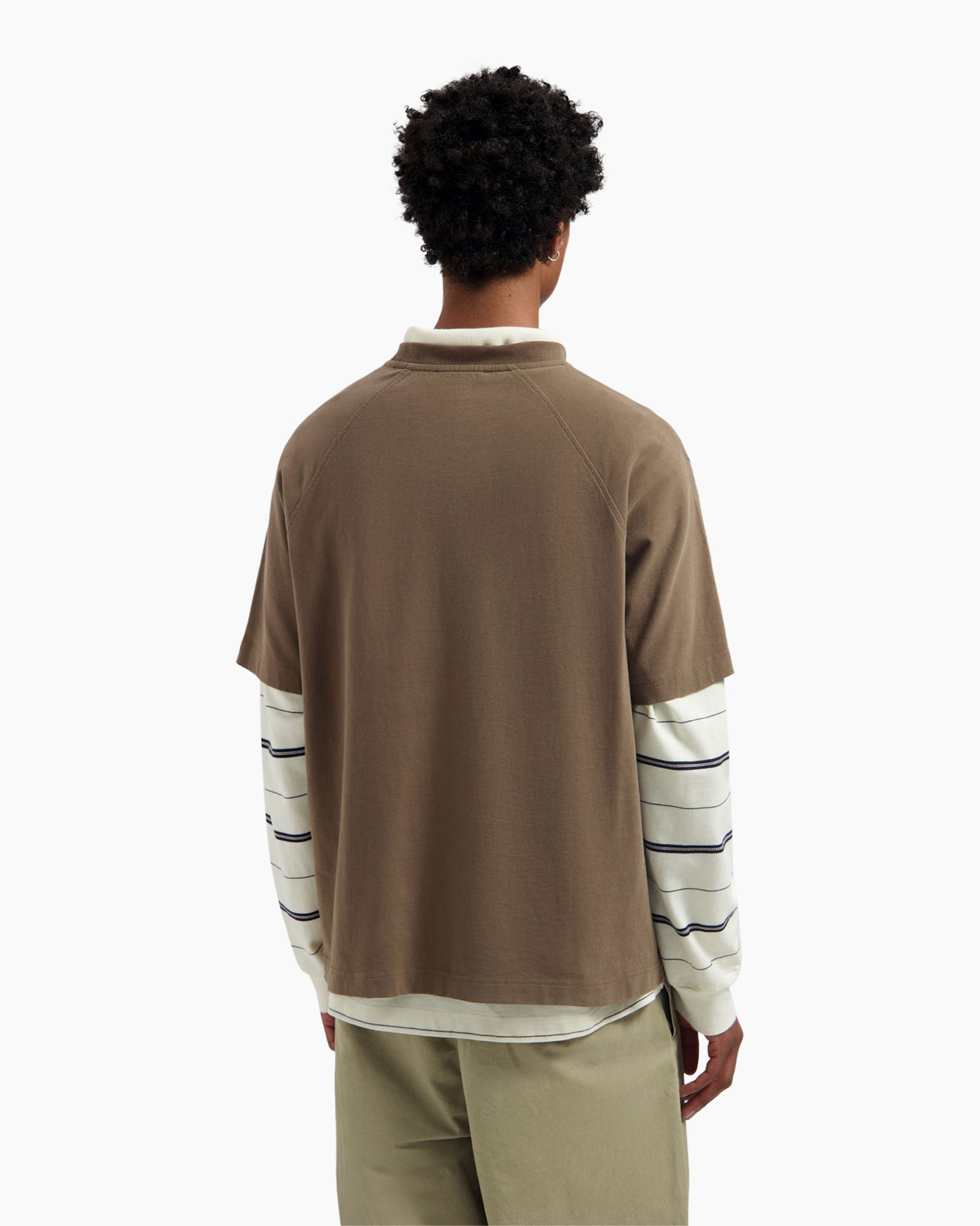 t-shirt, korte mouw, bruin, laagjes, gestreepte mouwen