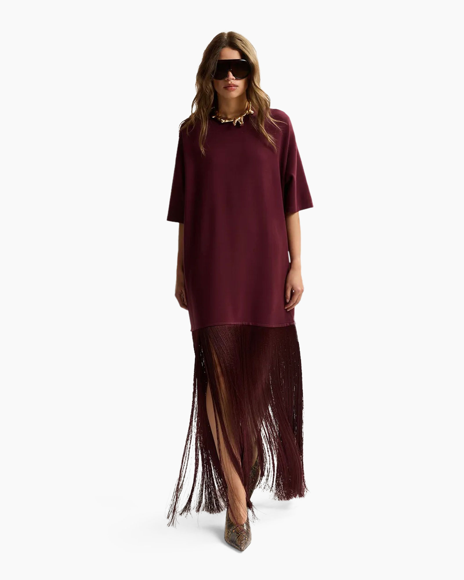 jurk, bordeaux, lang, fringes, mouwen?