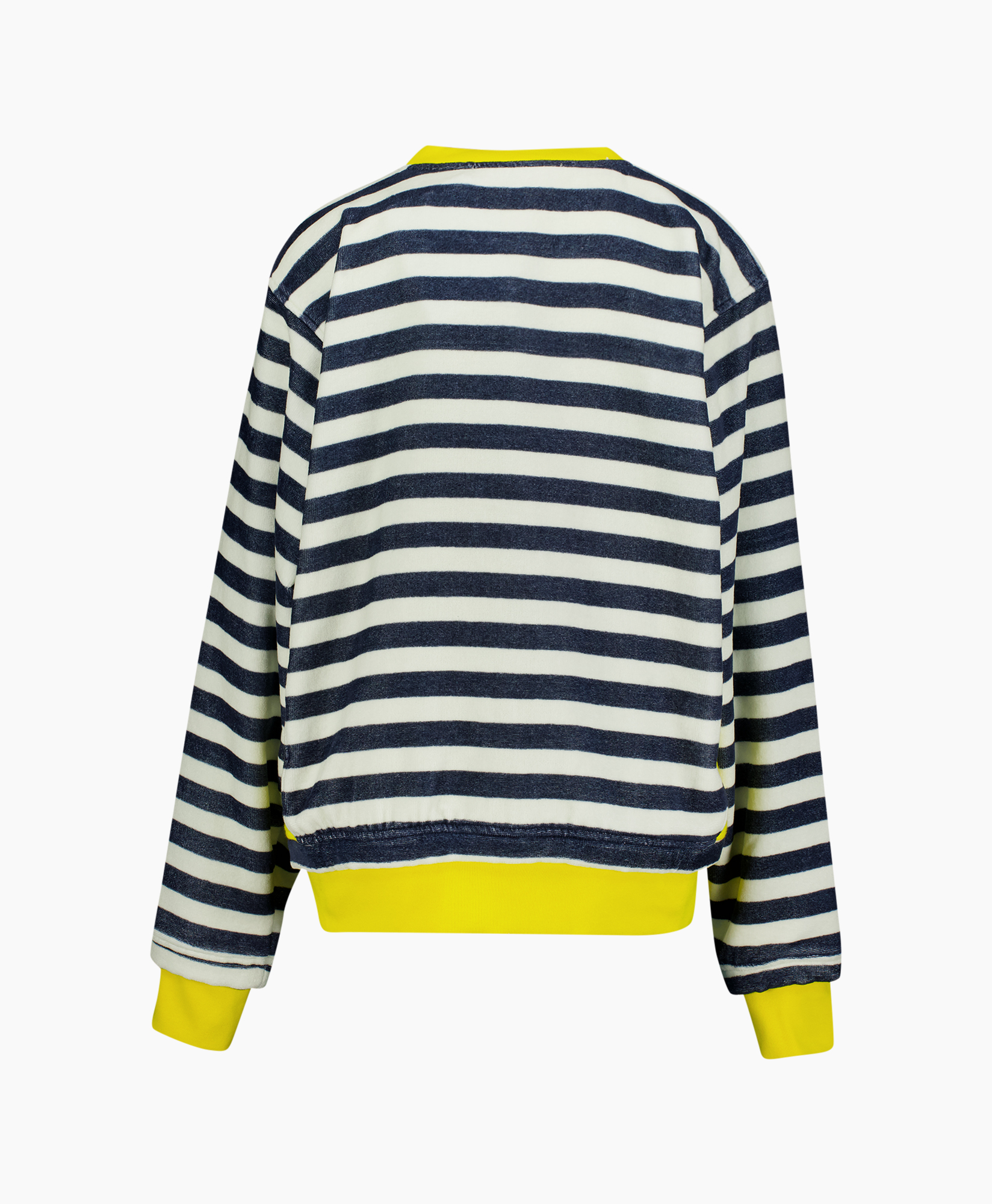 gemaakte, navy-wit gestreept, bontkraag?, gele accent, lange mouw