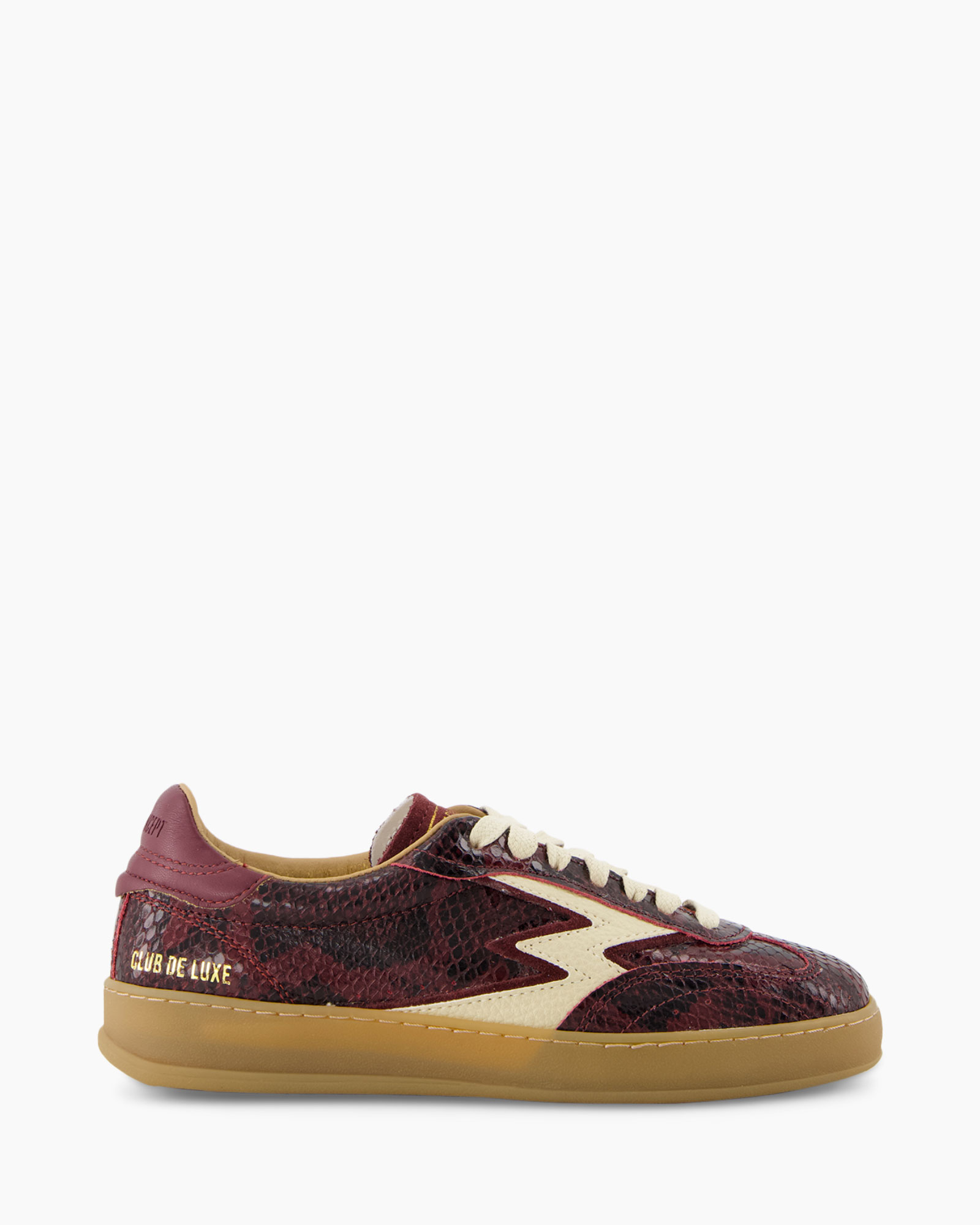 sneaker, schoen, laag model, donkerrood, slang-patroon