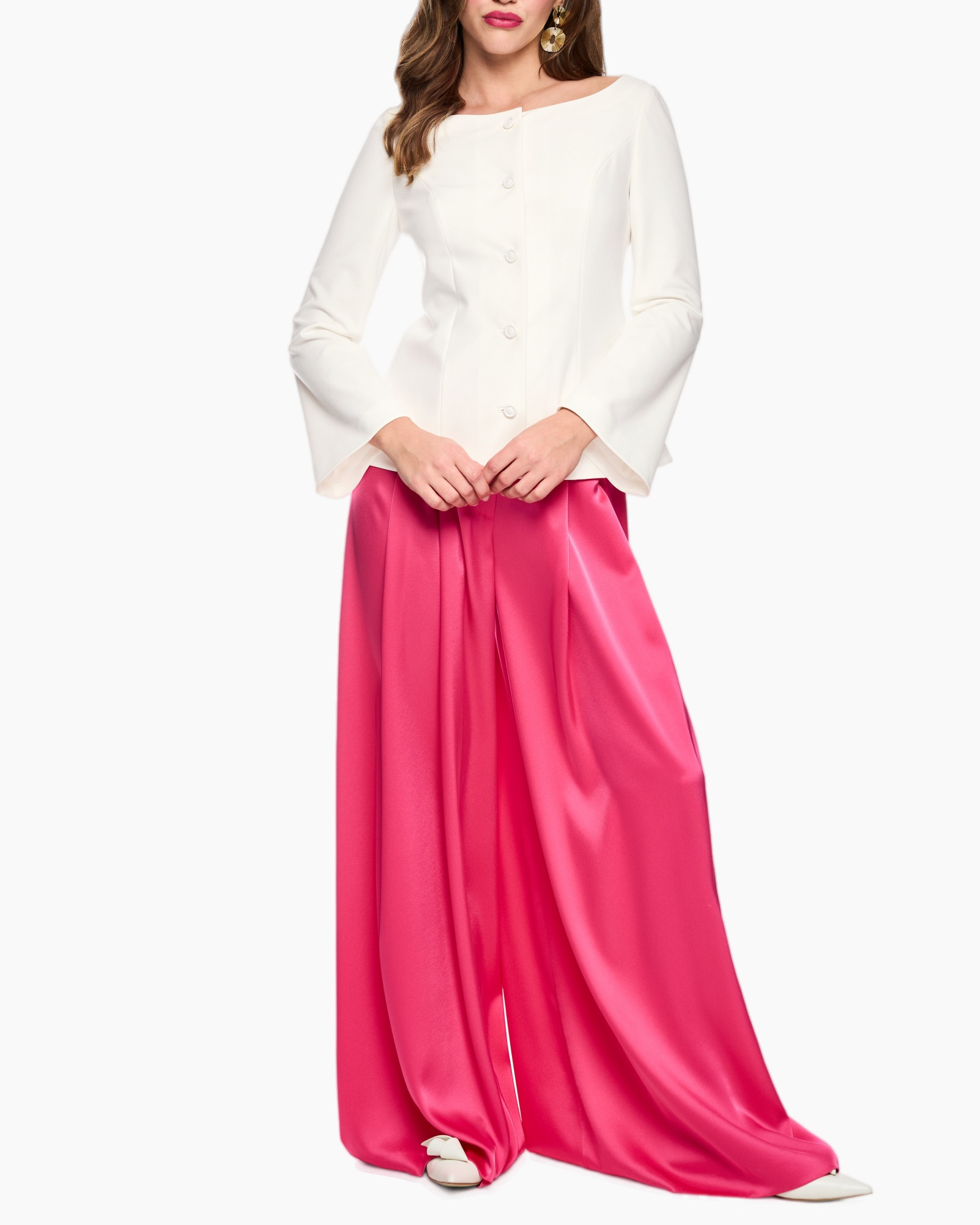 white blouse, flare sleeves, button front, pink satin skirt, floor-length