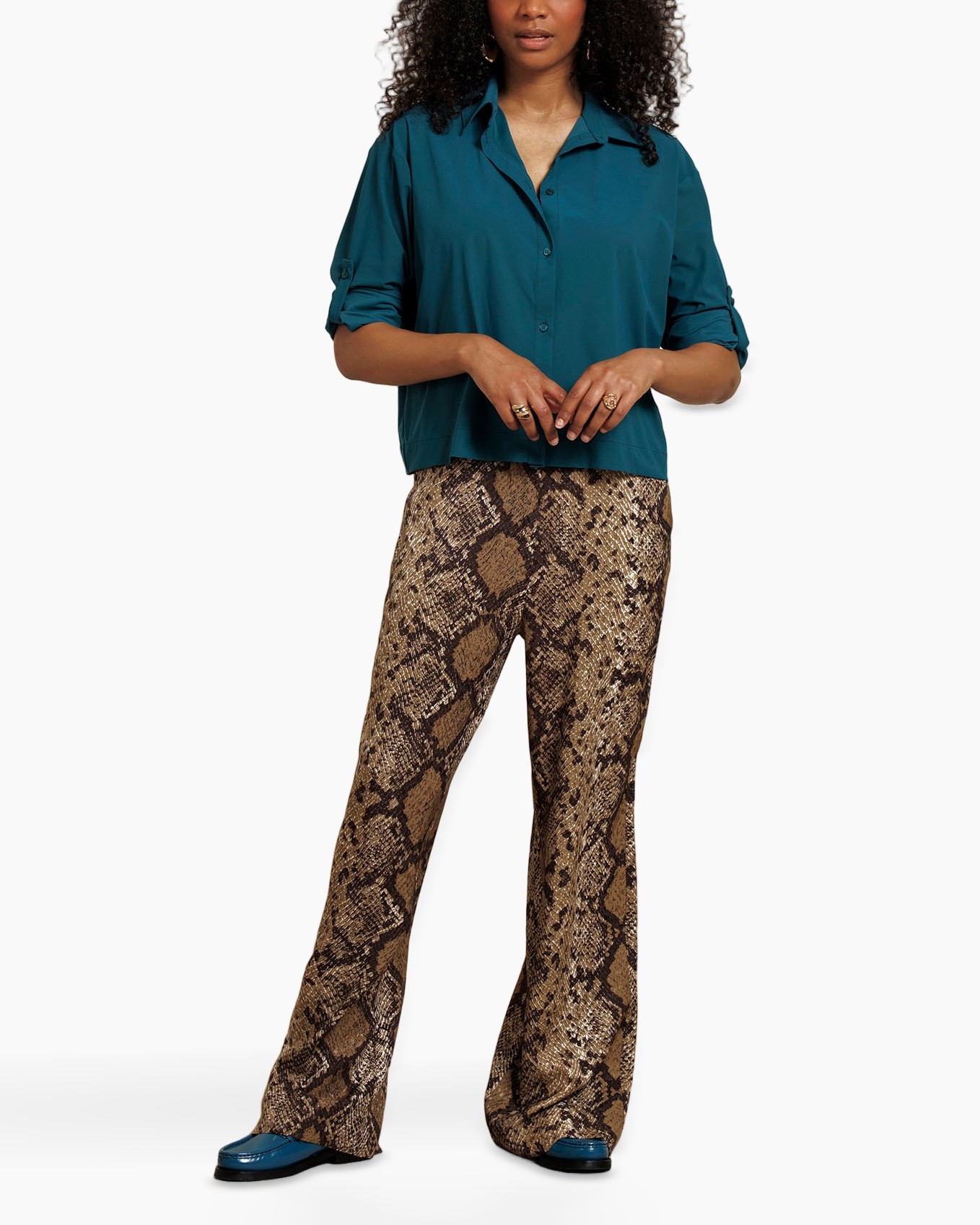 slangenprint, wijdedelige broek, bruin, broek, patroon stof