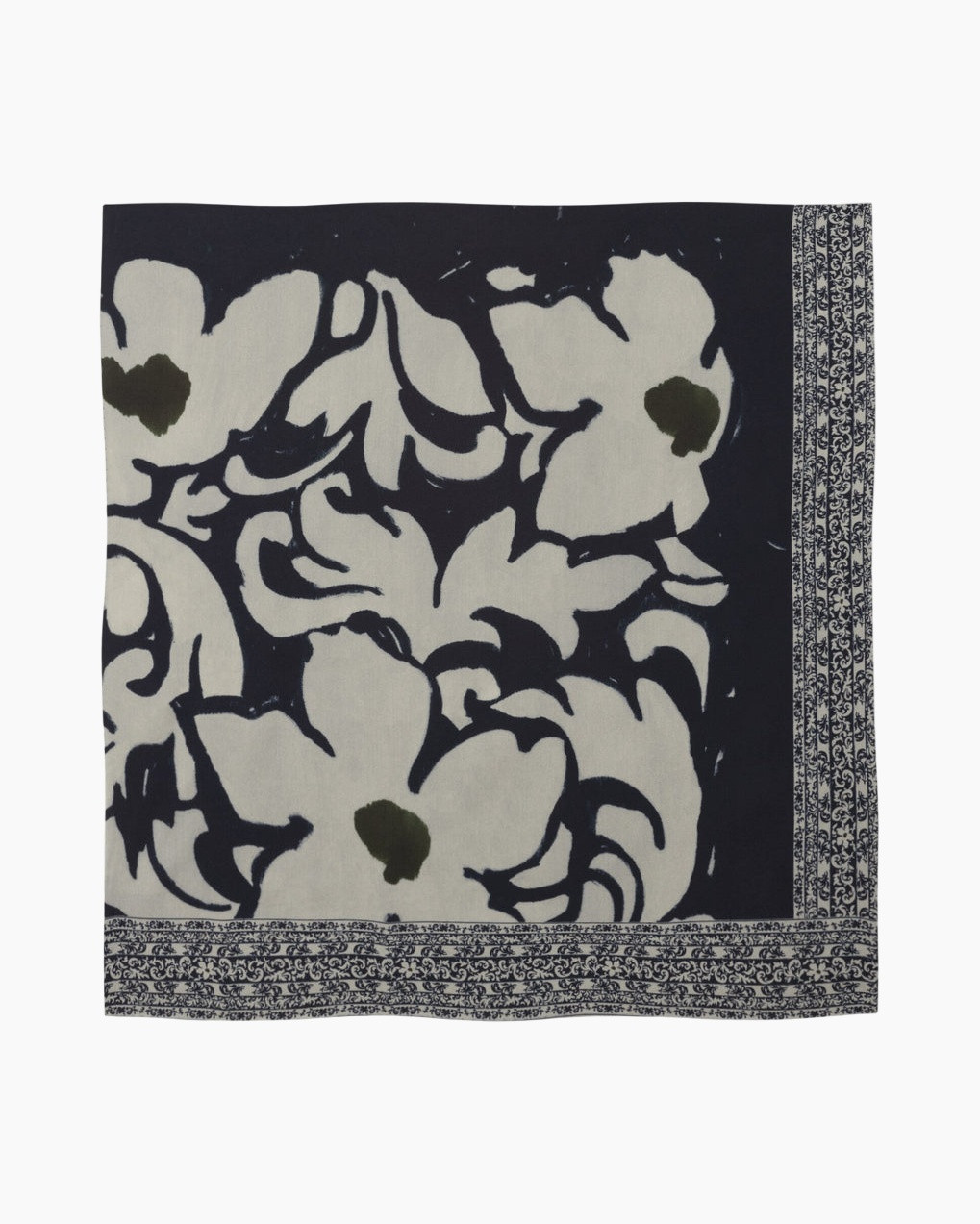 sjaal, bloemmotief, navyblauw, wit, rand