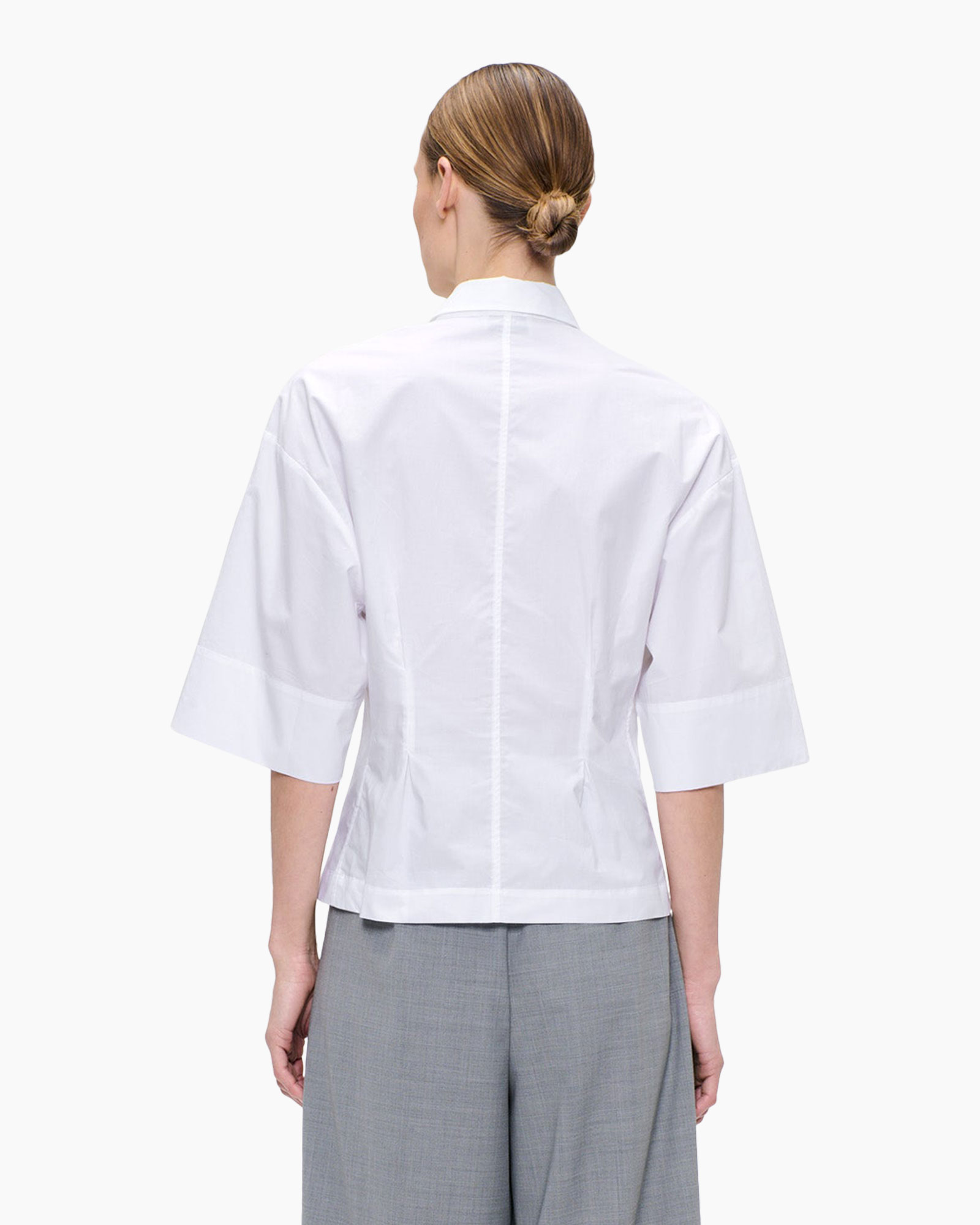 witte blouse, knopen blouse, kraagblouse, korte mouw, vrouwen overhemd