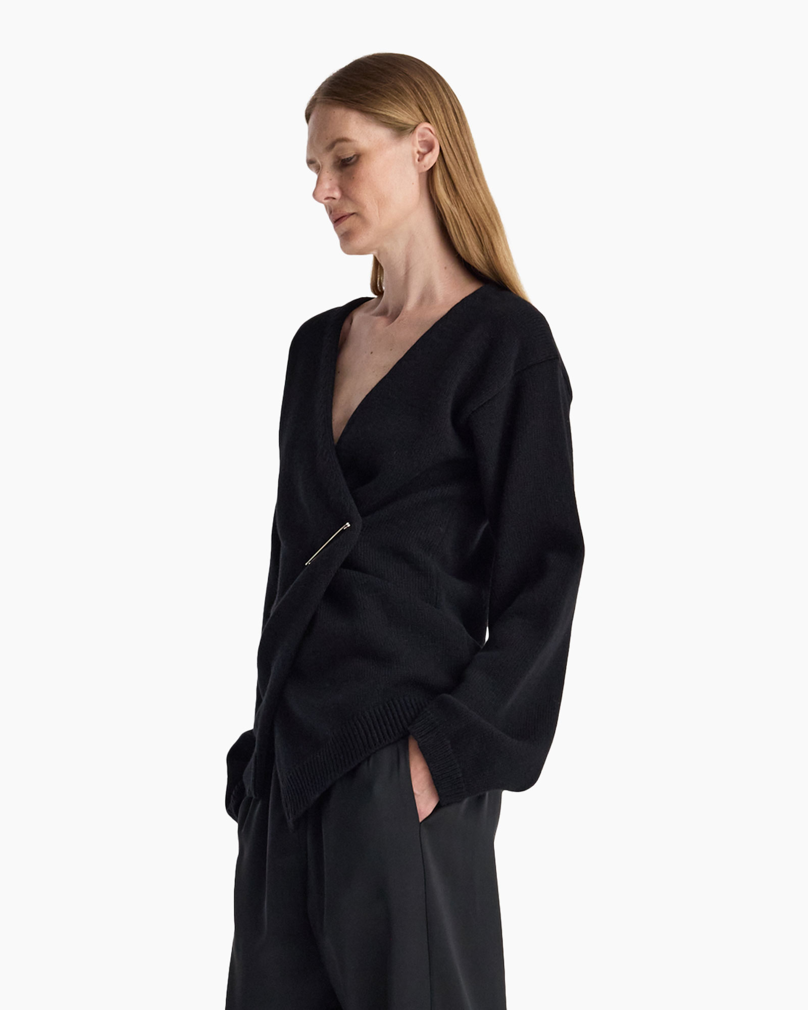 cardigan, zwart, omslag, gebreid, lange mouw