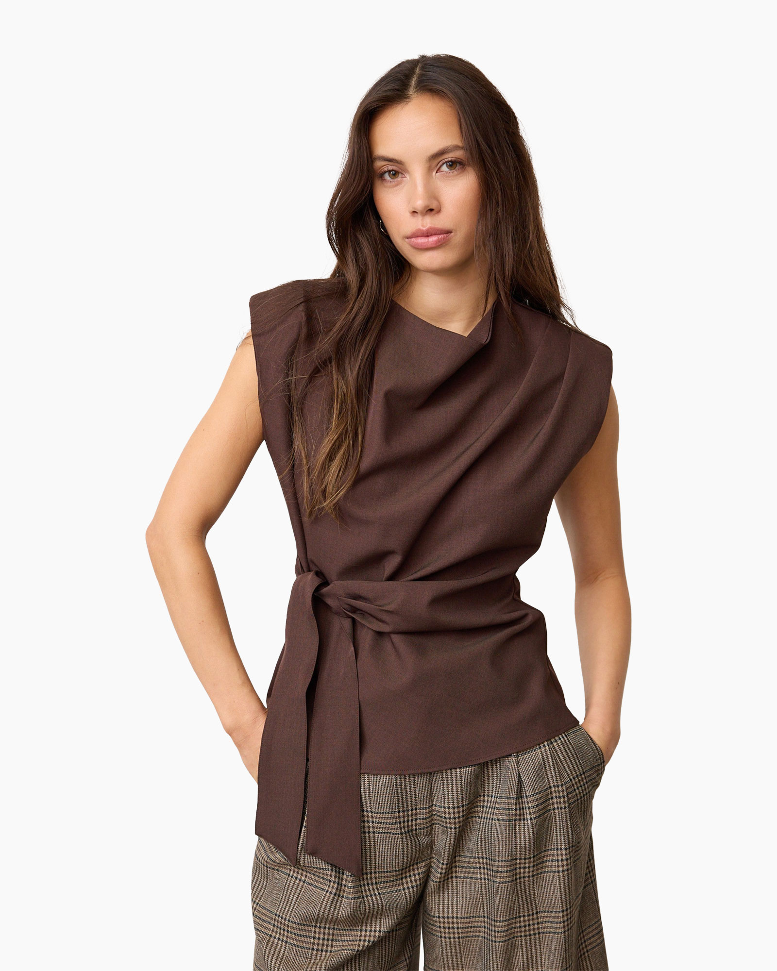 top, bruin, zonder mouw, wrap, riempje