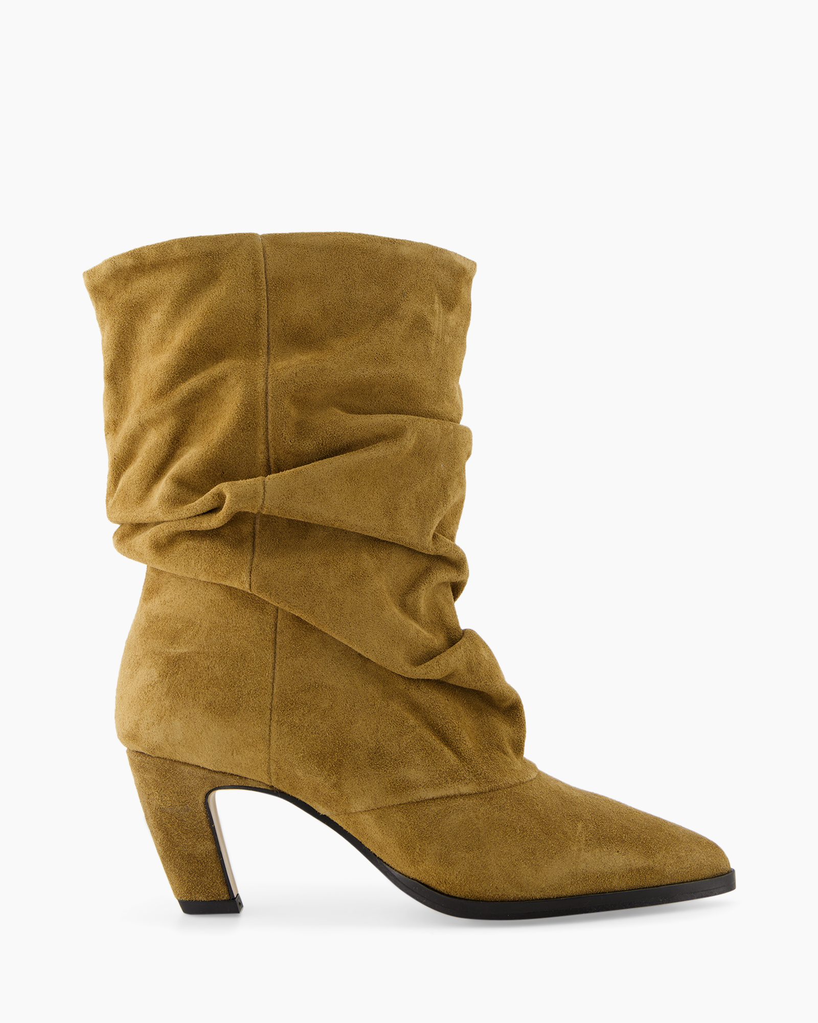 enkelboot, suede, gerafeld, camel, middelhoog hak