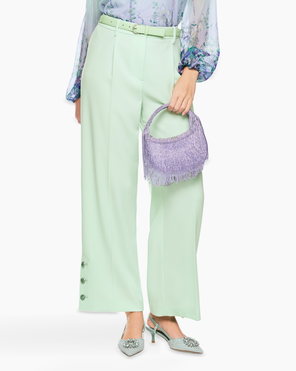 broek, wijdelig, mintgroen, hoog in taille, knopen-detail