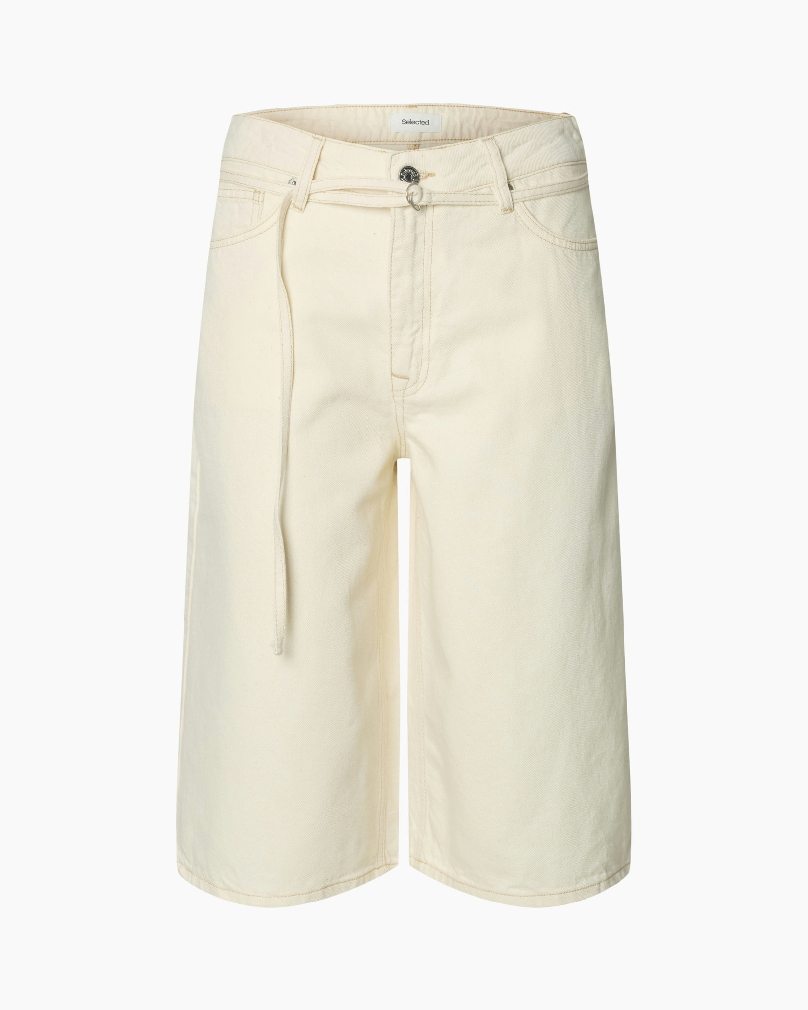 shorts, calf-length, beige, linen-looking, belted