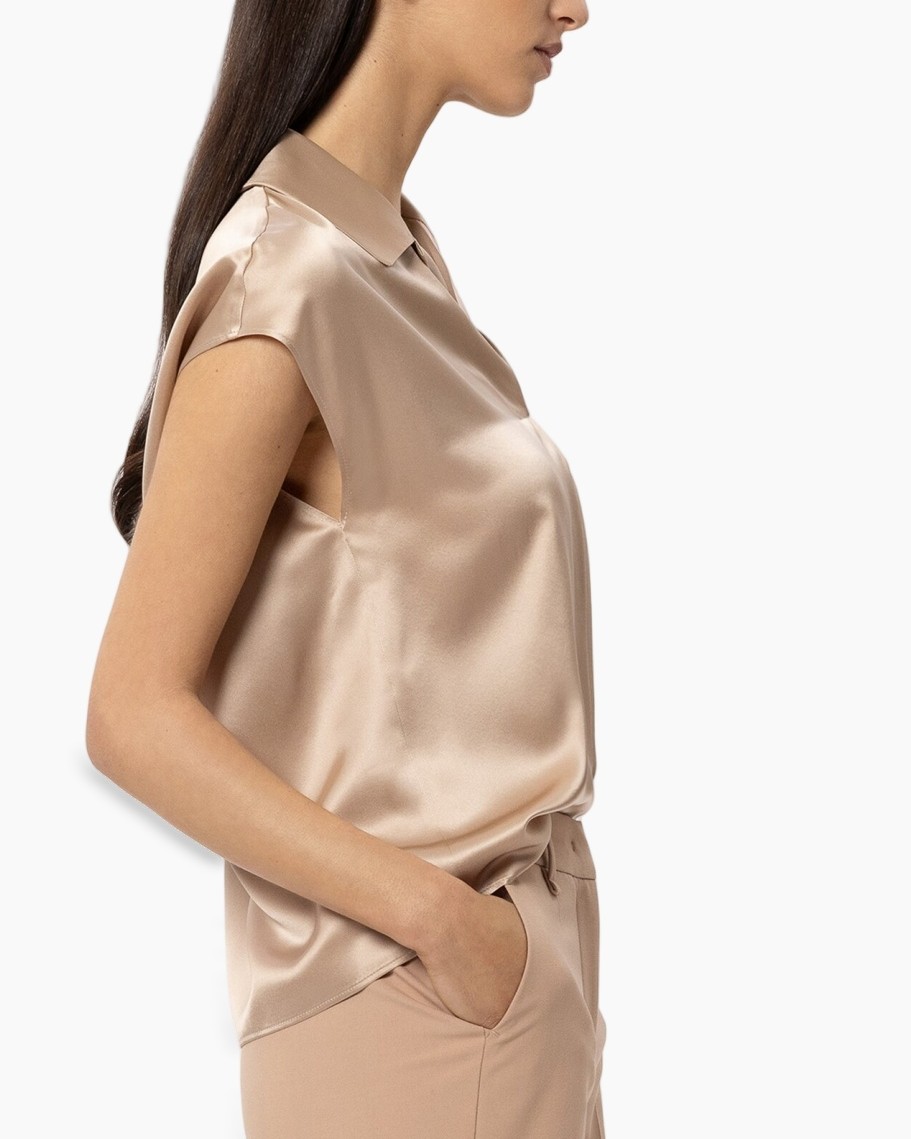 silk, blouse, mouwloos, lichtroze, kraag