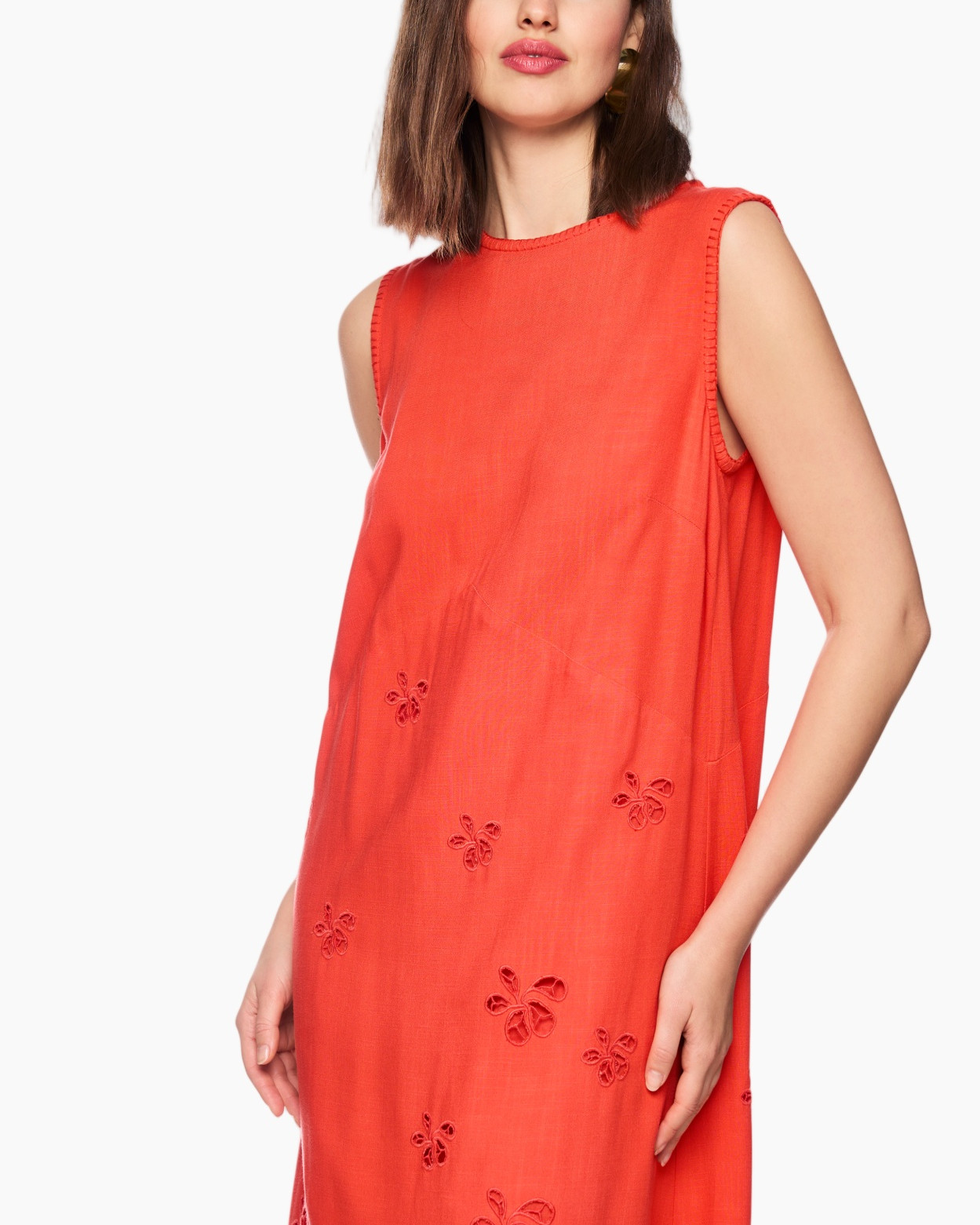 sleeveless dress, orange dress, embroidery, floral embroidery, linen look