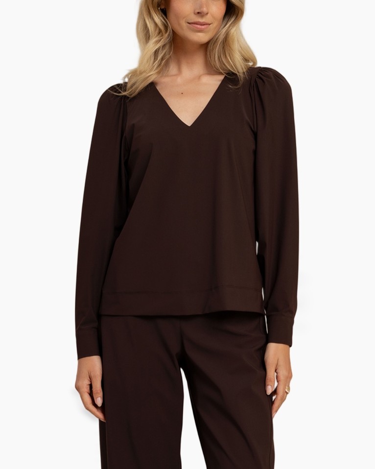 lange mouwen, V-hals, bruin, top, pyjama-stijl