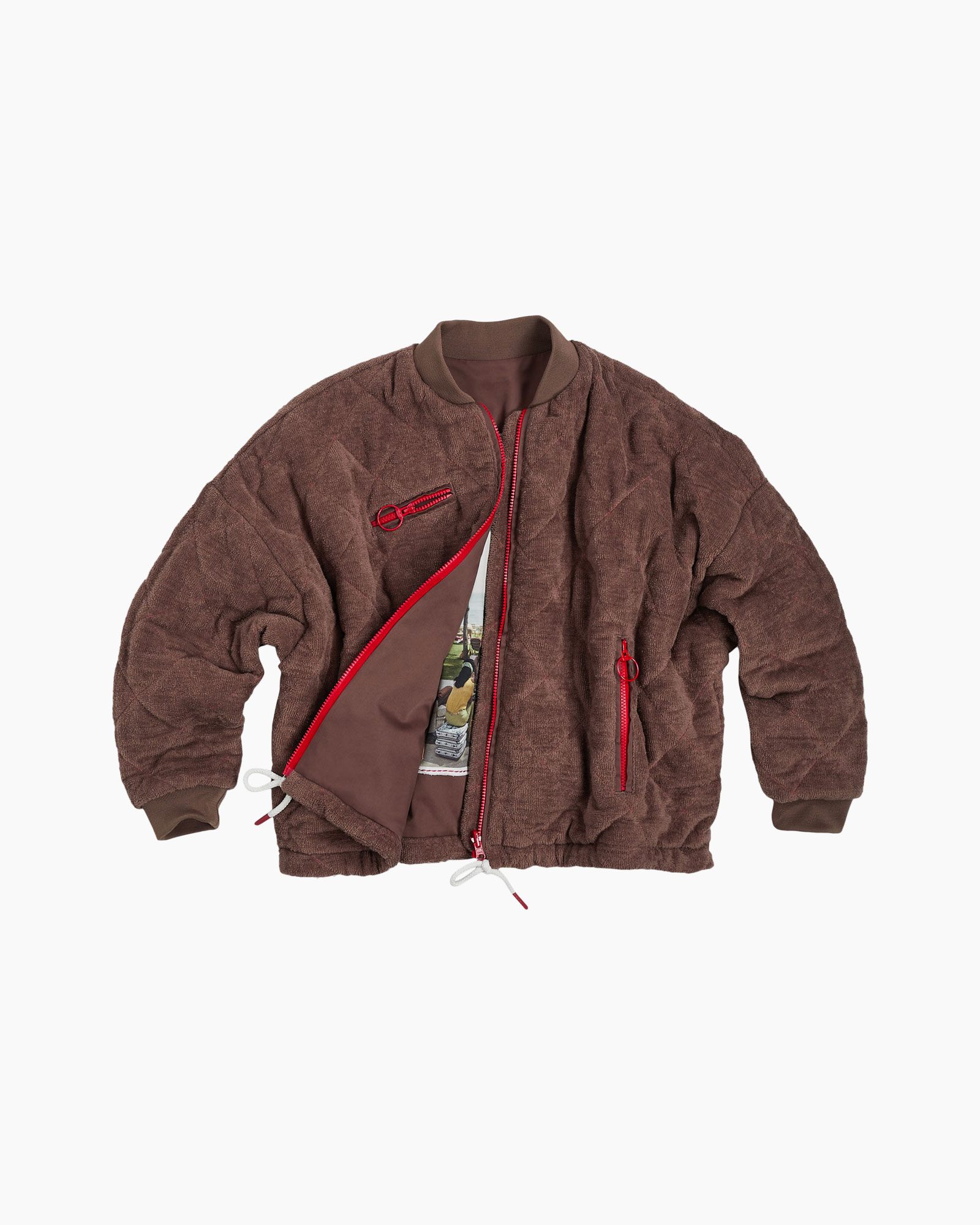 bomber jacket, brown, quilted, red zipper, inner lining