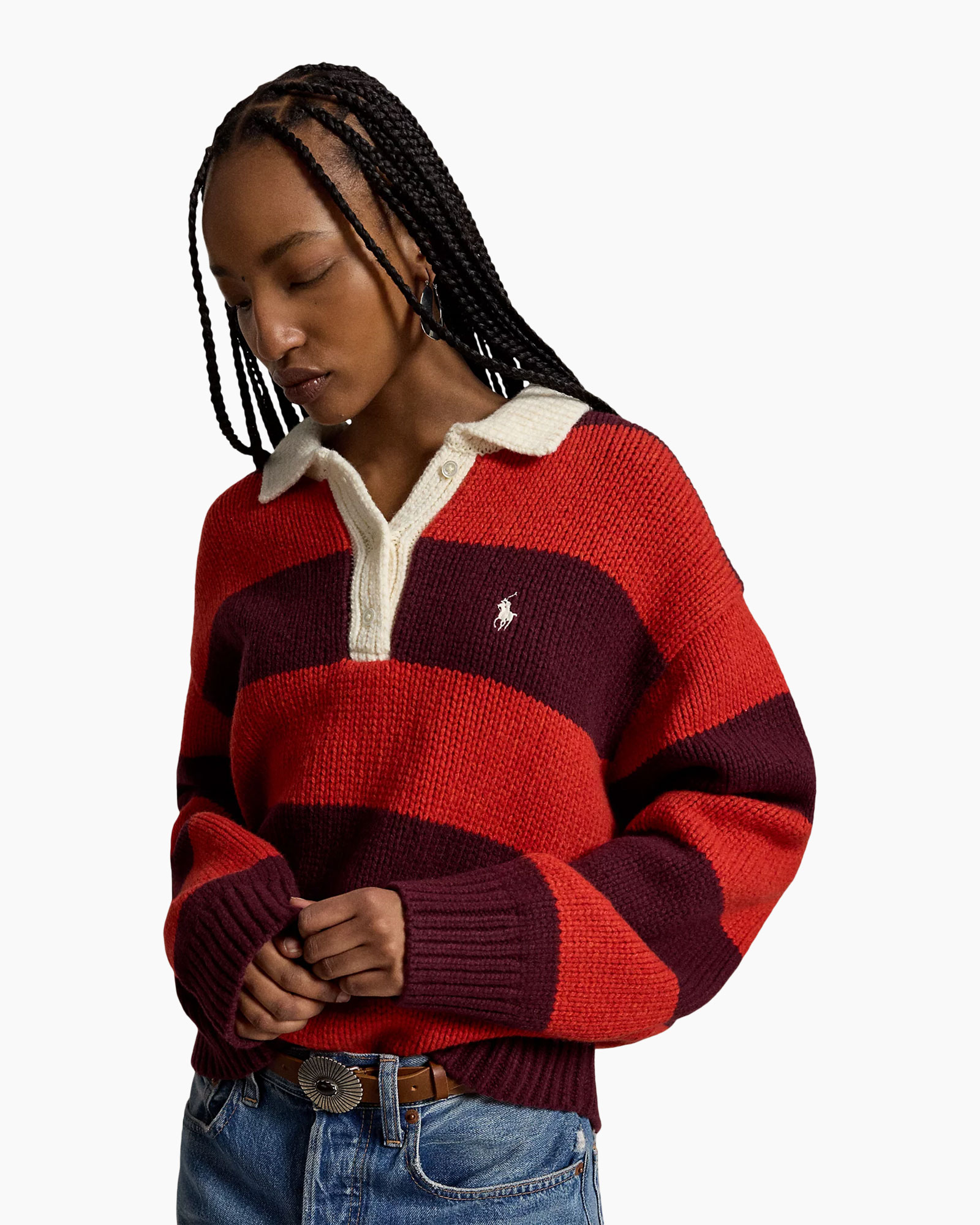 gestreepte trui, tricot, gebreide pullover, kraag, logo