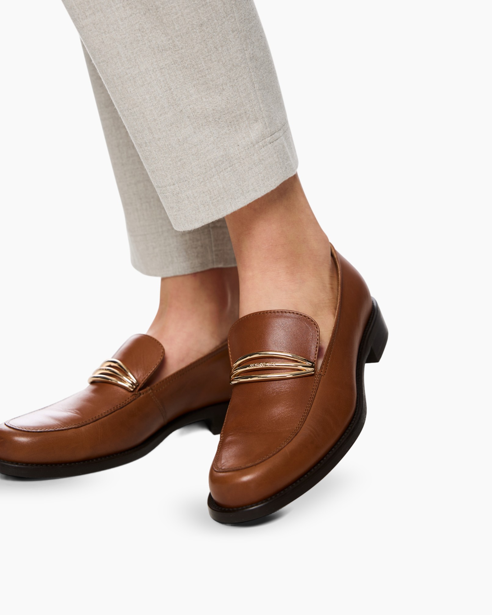 Leren loafers, Bruin, Goudkleurige details, Instapschoenen