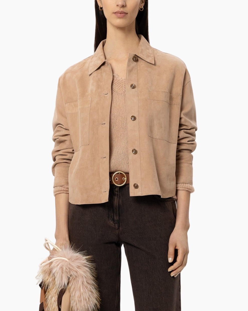 suede jasje, beige, lange mouwen, knopen voor, overhemdjasje
