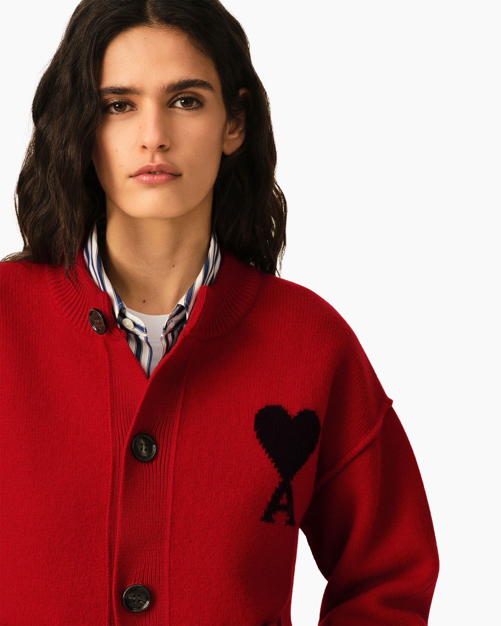 cardigan, rood, hartpatch, brei, knopen