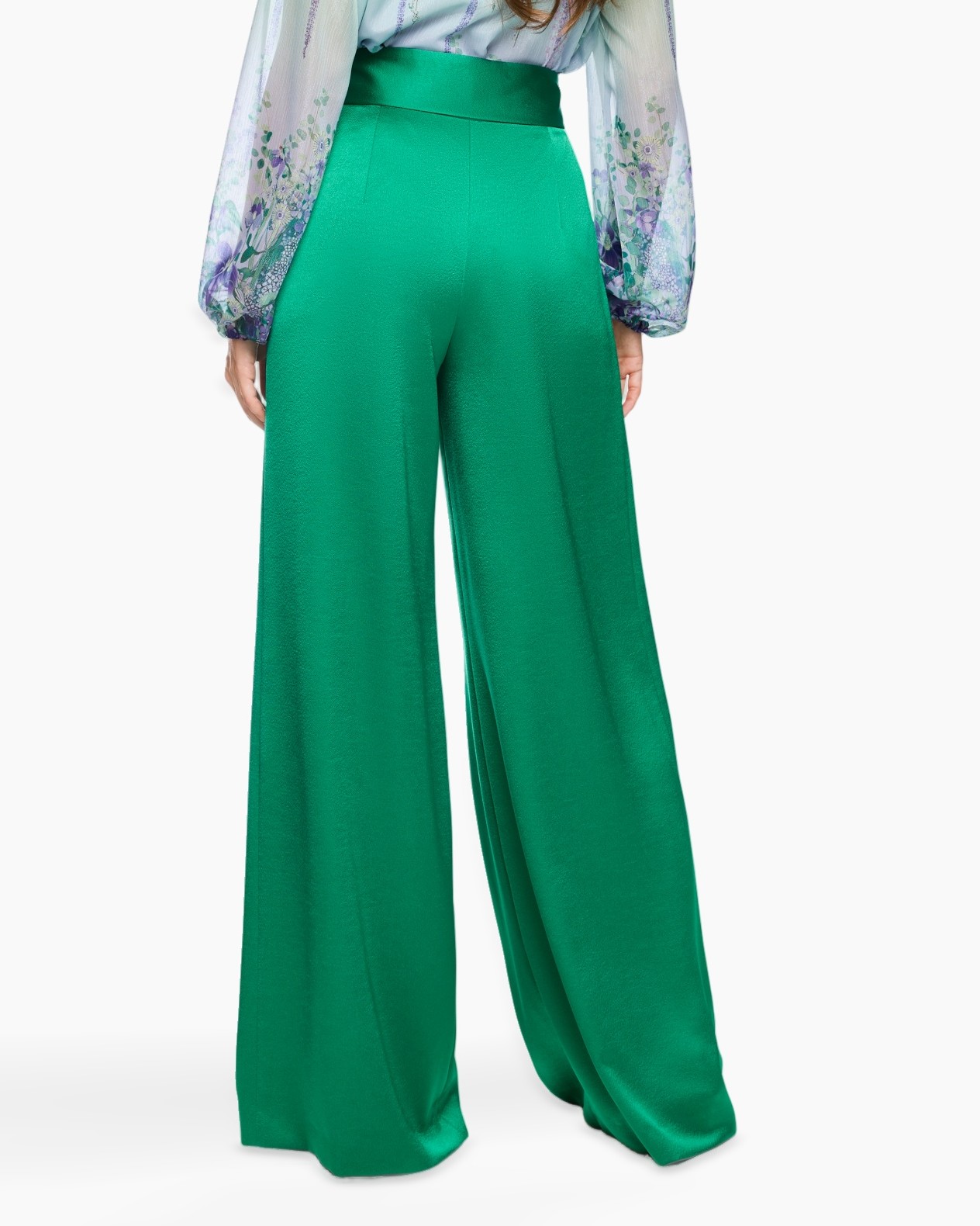groen, wijden-pijpen broek, palazzo, satijn, koord-taille