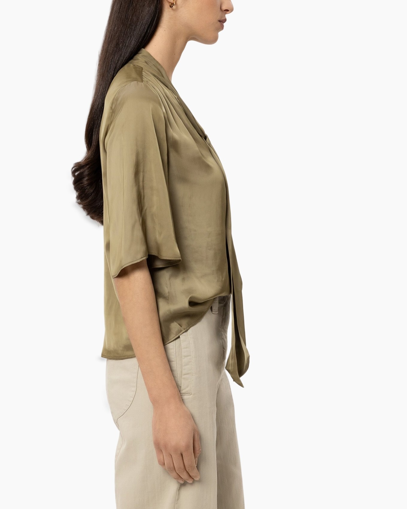 zijde, blouse, olijf, korte-mouw, strik-hals