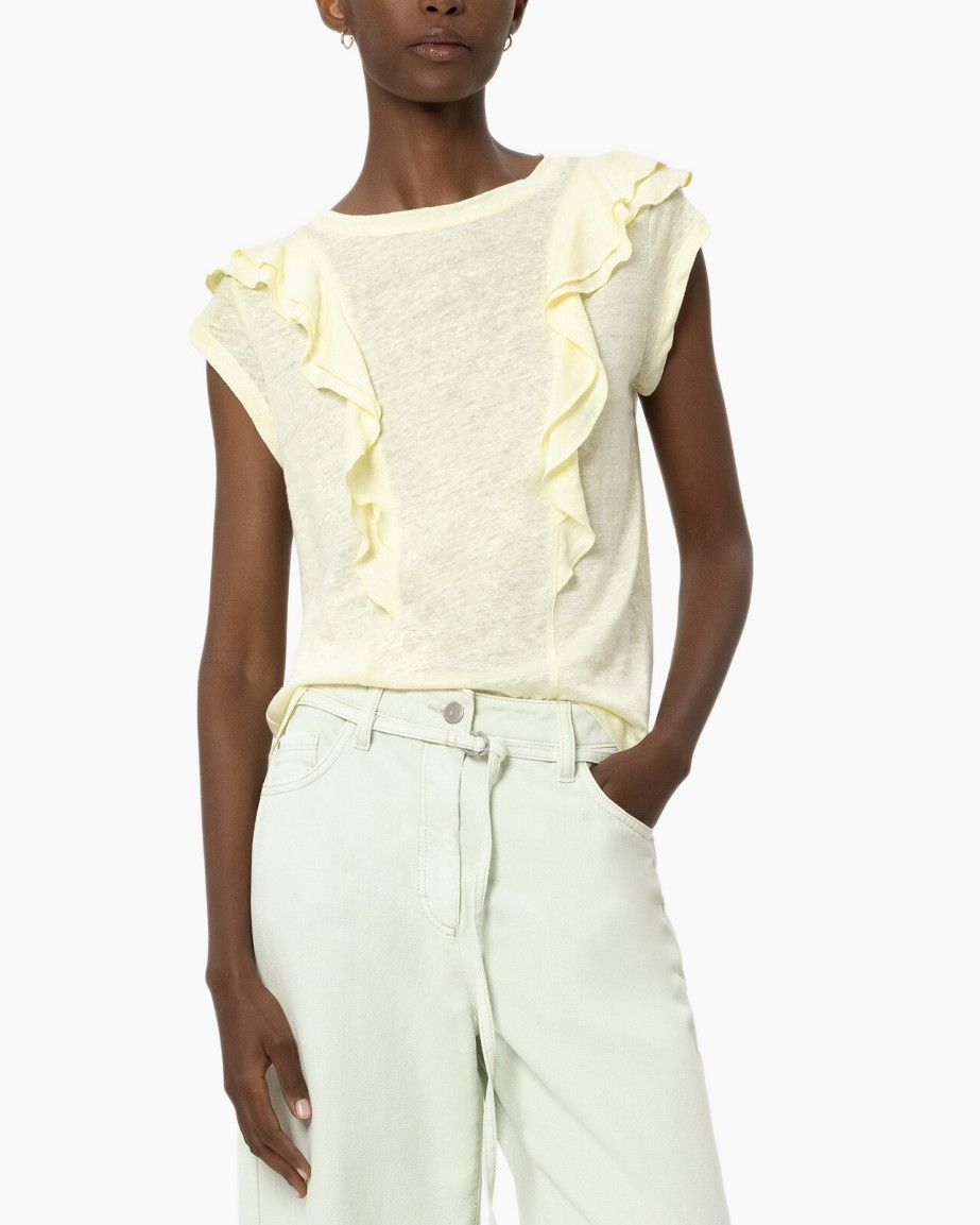 top, t-shirt, frill, zonder mouwen, geel