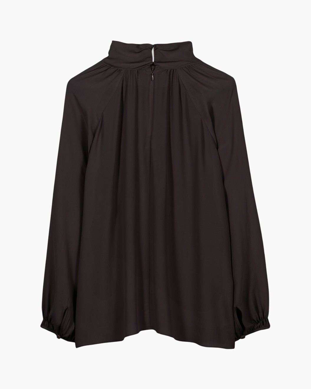 blouse, lange mouw, halsvoering hoog, pleated neckline, donkerbruin