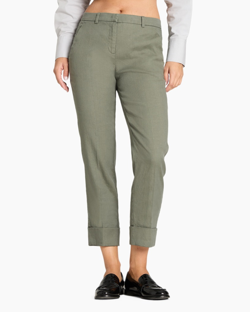 Broek, olijfgroene, slim, enkellengte, omgeslagen zoom