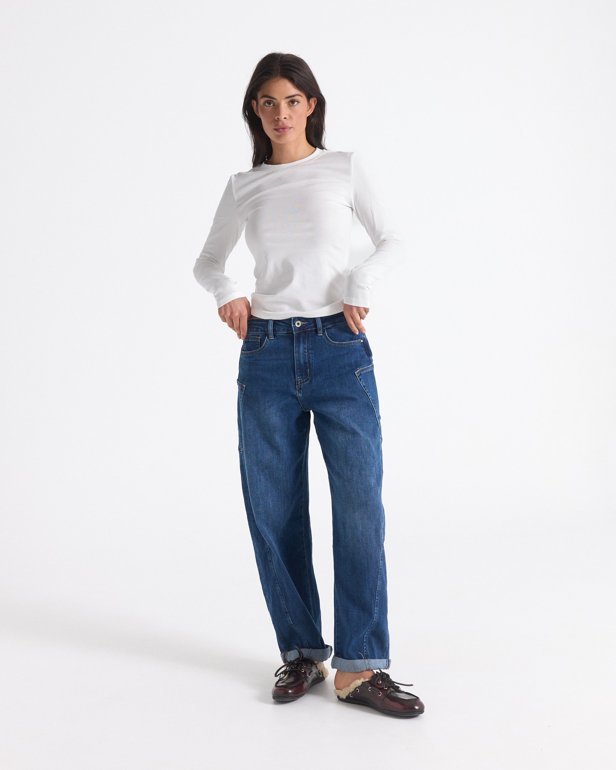 witte lange mouw top, crewneck shirt, spijkerbroek, denim broek, platte schoenen