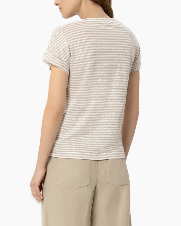 T-shirt, gestreept, beige, kraagloos?, korte mouw