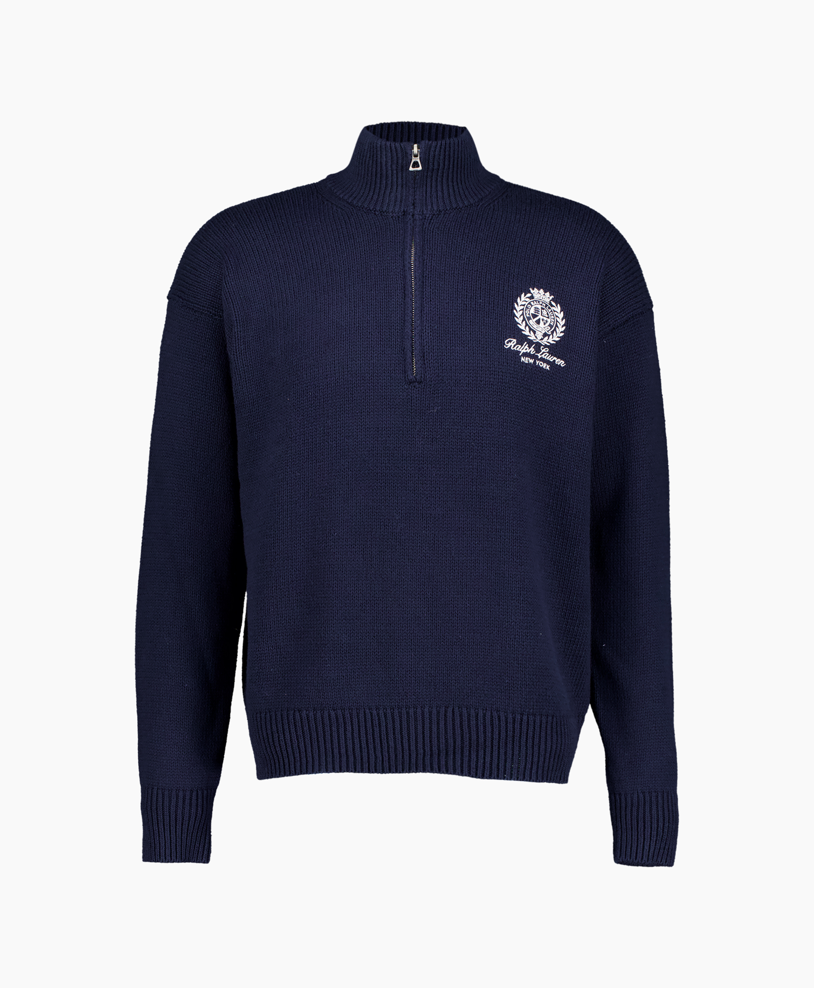 pullover, norenkraag, halflengte-ritssluiting, breisel, logo-geweerd
