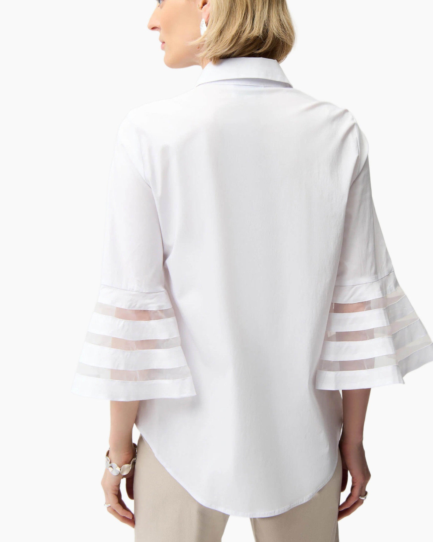 white shirt, button-down, 3/4 sleeve, sheer stripe, collared