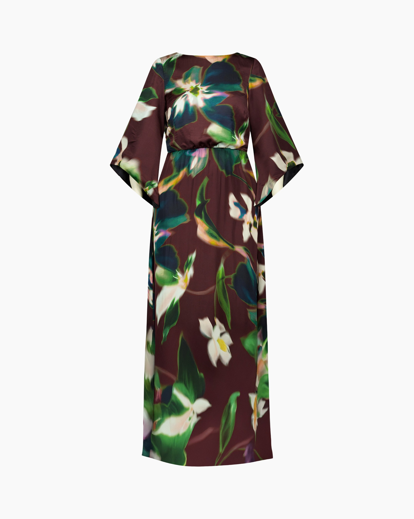 maxi dress, floral pattern, kimono sleeve, green leaves, brown base