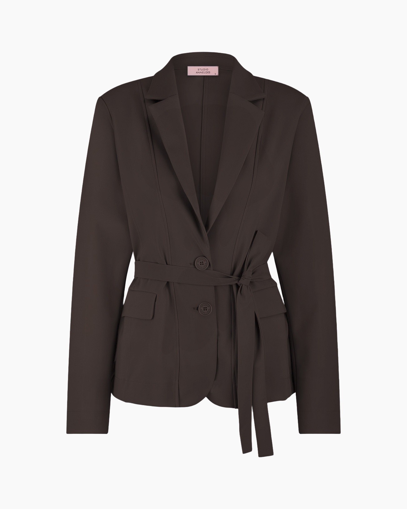 blazer, riemsluiting, lange mouwen, donkerbruin, revers/lapel