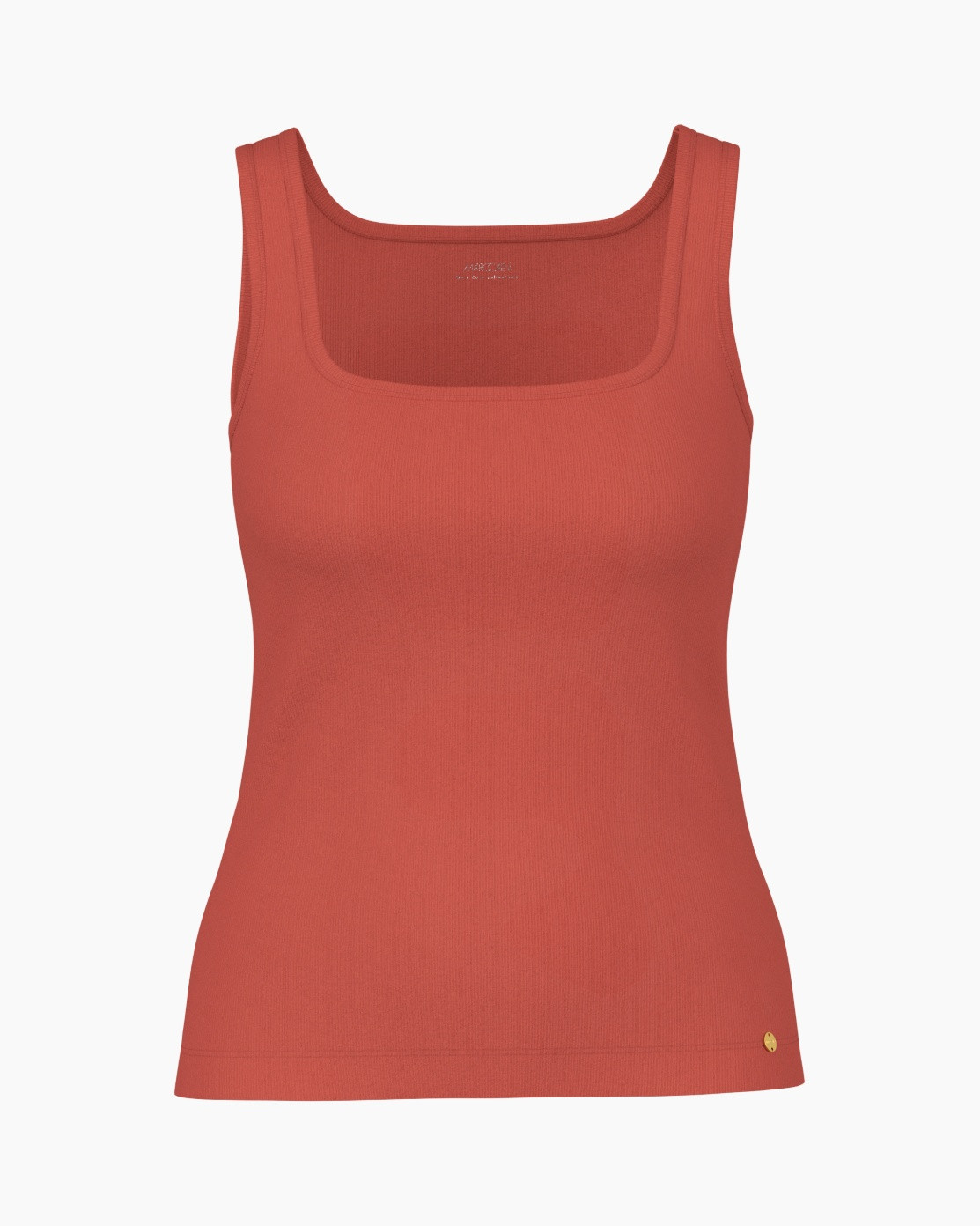 tank top, sleeveless, solid, rust, stretch, fitness top, layering piece, waist length, serrated hem