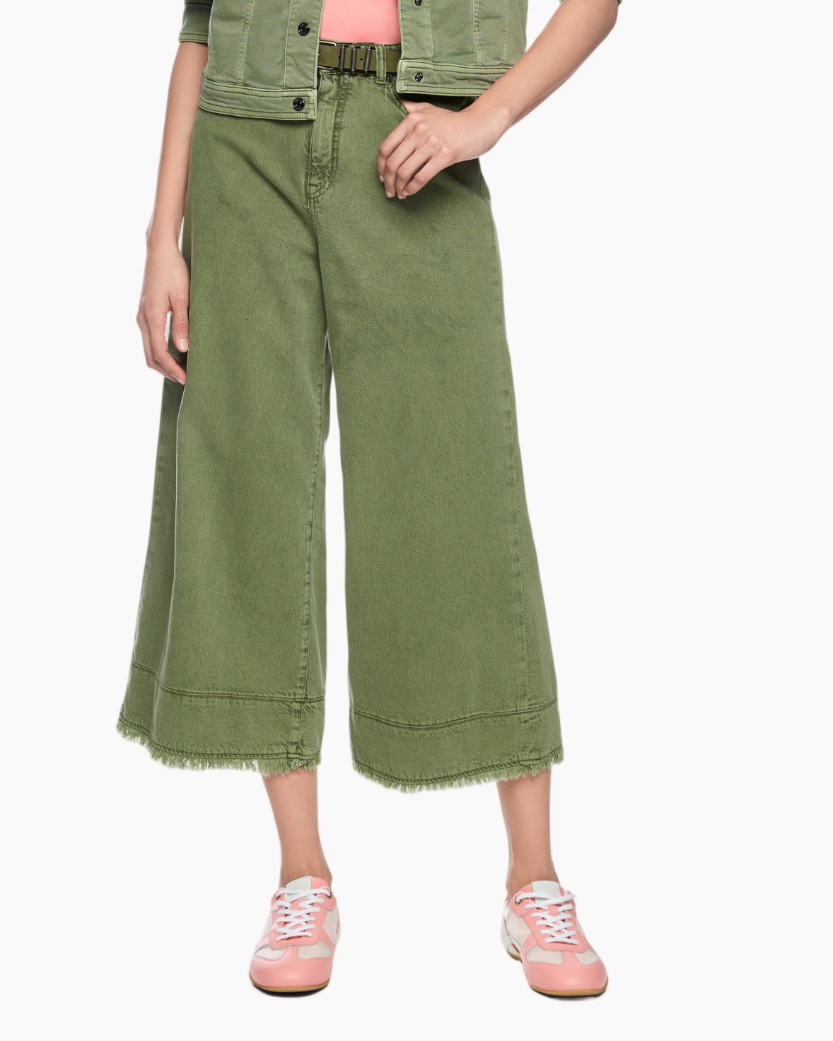pants, wide-leg, culotte, olive-green, frayed-hem