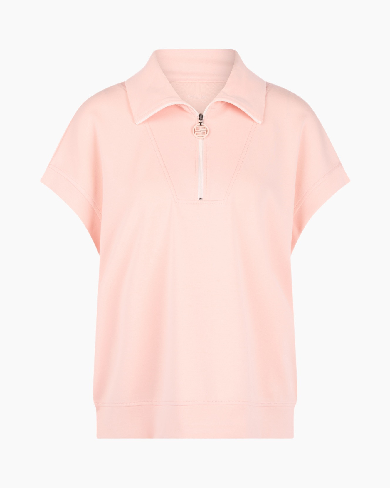 pink polo, half-zip, collar, short sleeves, pullover
