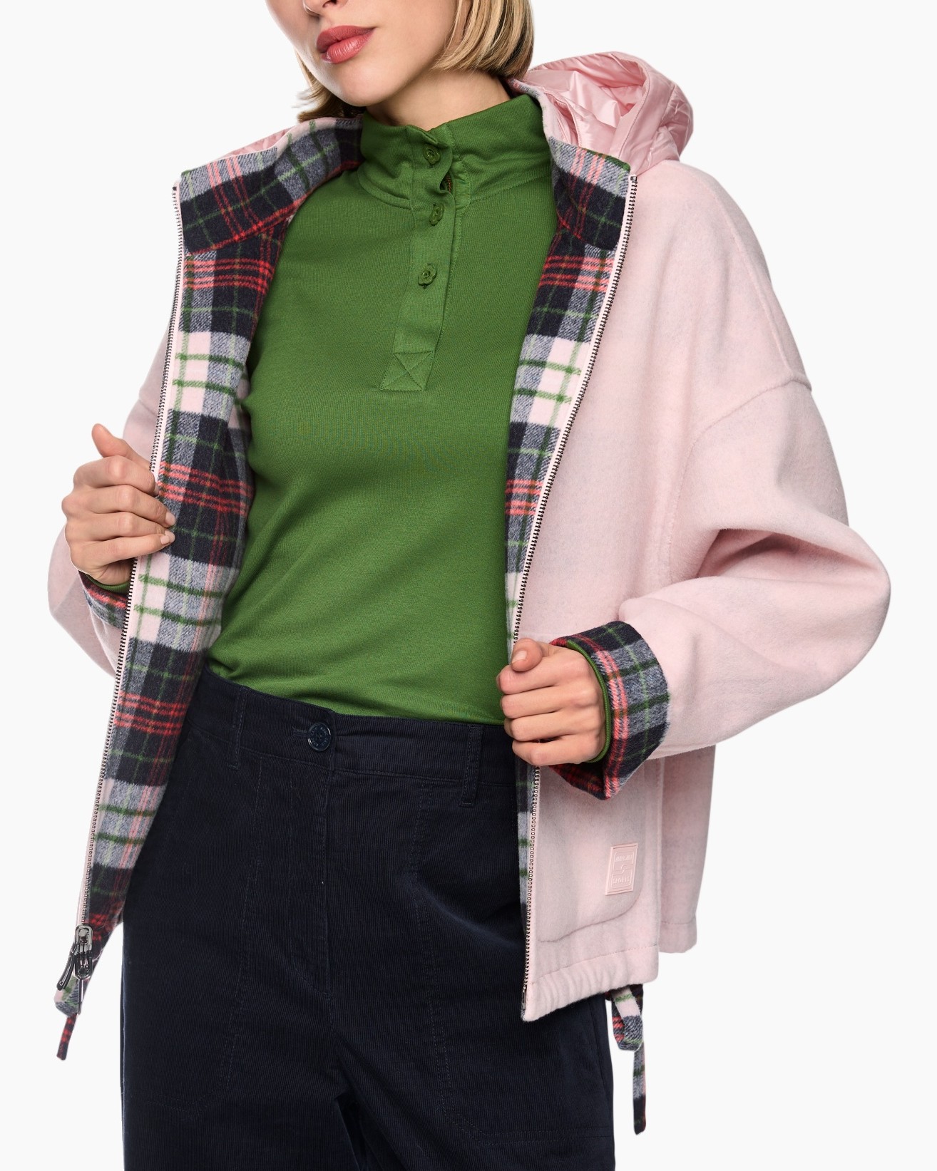 hoodie, jacke, plaid, grijs?, groene polo