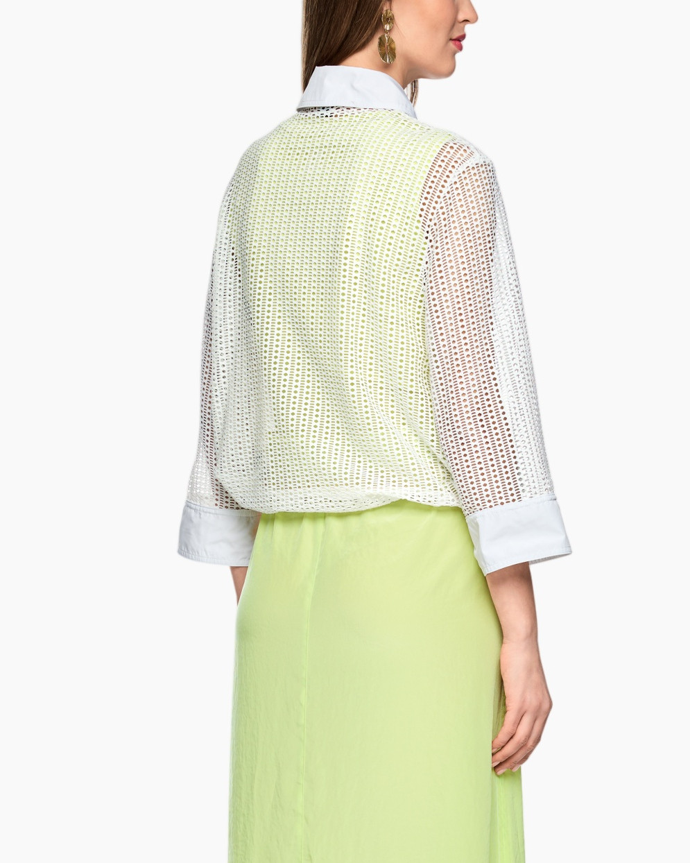 kantenblouse, gilet tricot, gekraagd, wit, halfdoorzichtig