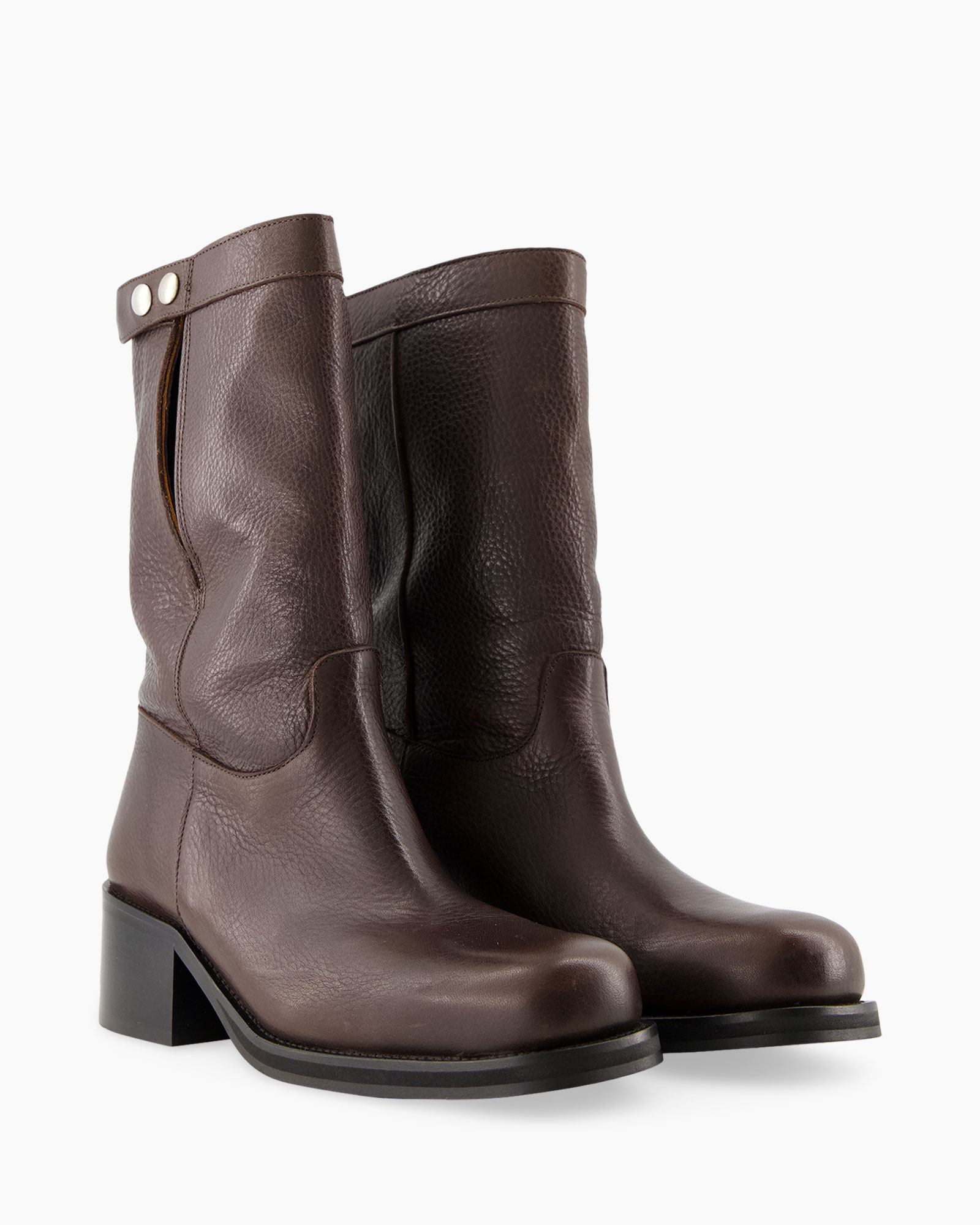 laarzen, enkellaars, bruine leer, middelhoog hak, slip-on stijl