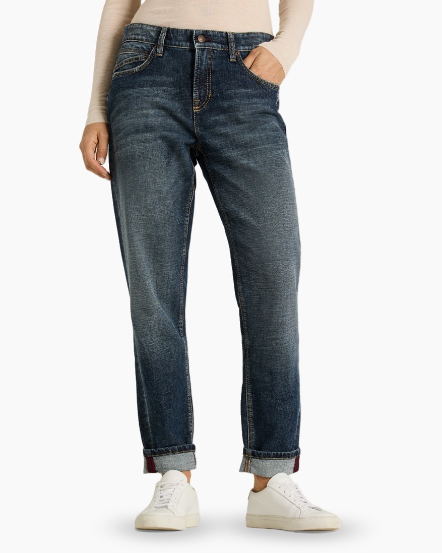 spijkerbroek, denim, rechte pasvorm, middellange wash, gerolde zoom