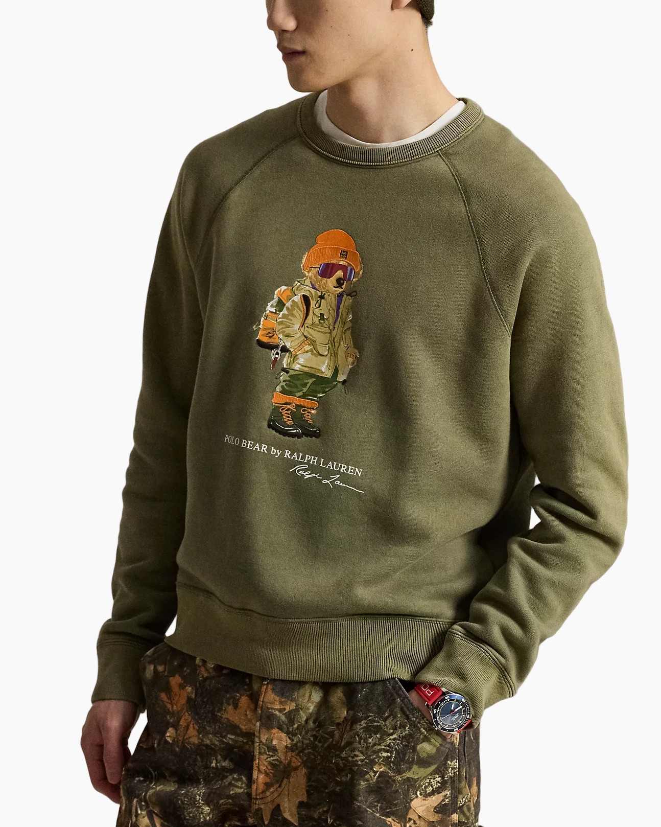 sweatshirt, olijf, crewneck, grafisch, casual