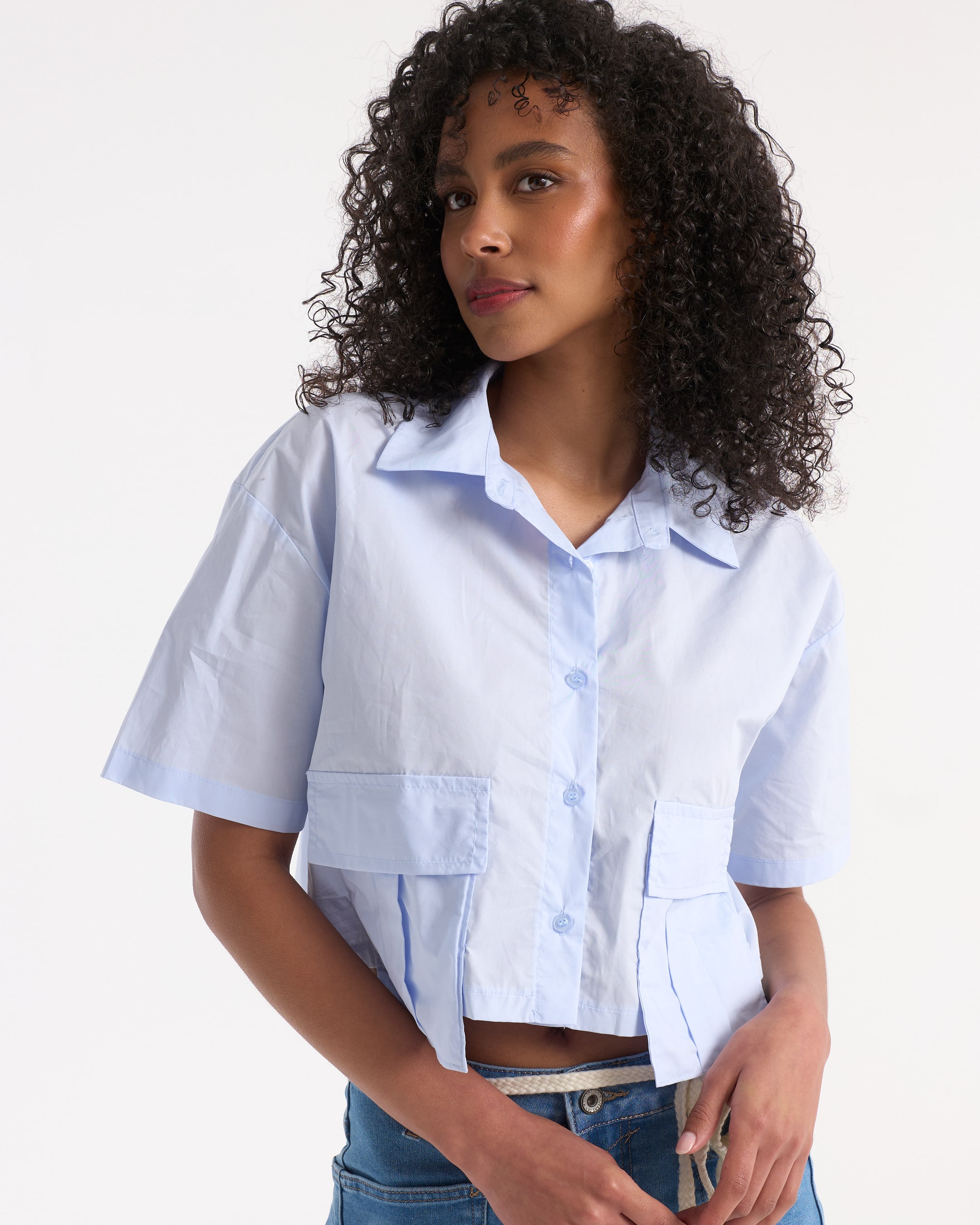 shirt, short-sleeve, light-blue, collared, pocket, cropped
