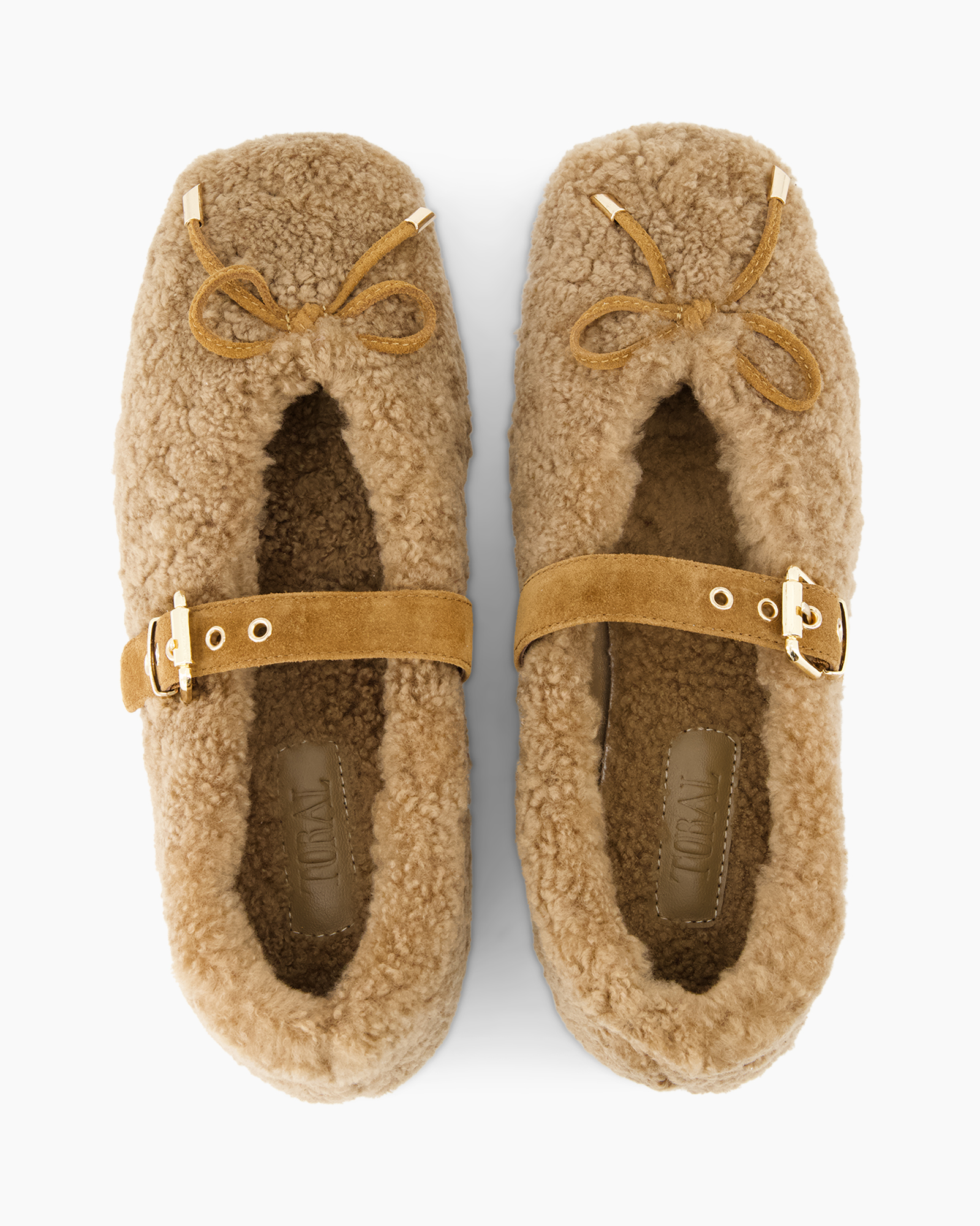 .huissel, shearling, gesp, veters, tan