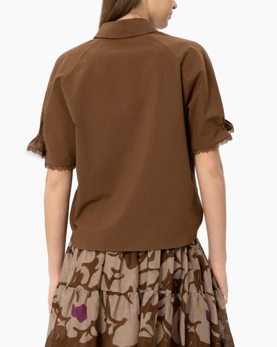 blouse, knopsluiting, mouwrok, bruin, kraag