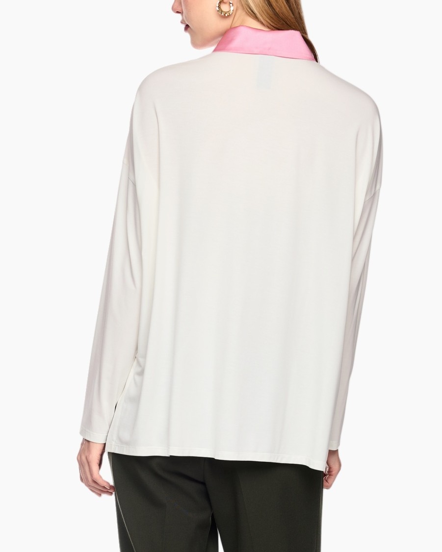 zijden blouse, oranje kraag, gebreid patroon overhemd, lange mouwen, knopenplank
