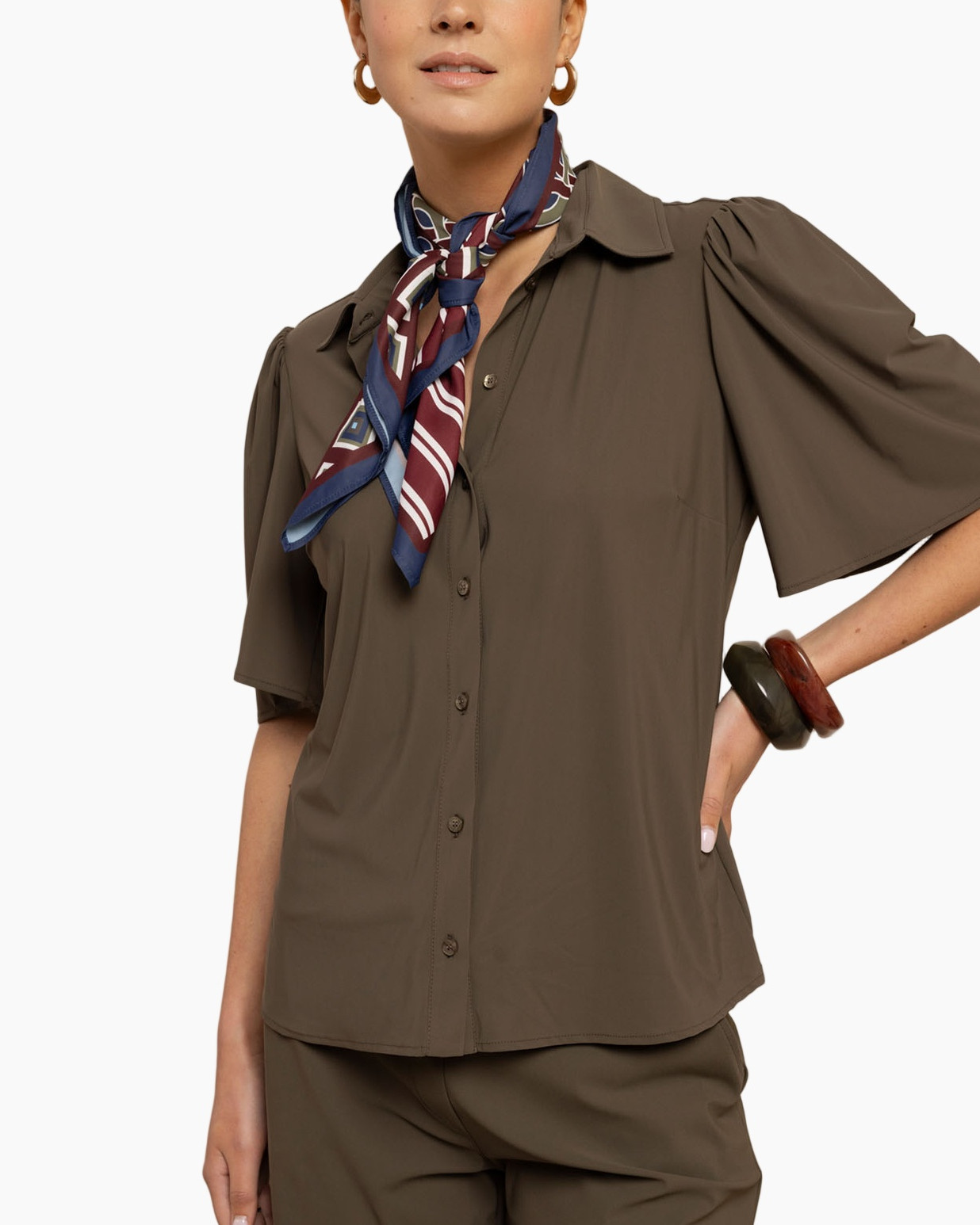 button-down, short-sleeve, top, khaki, scarf
