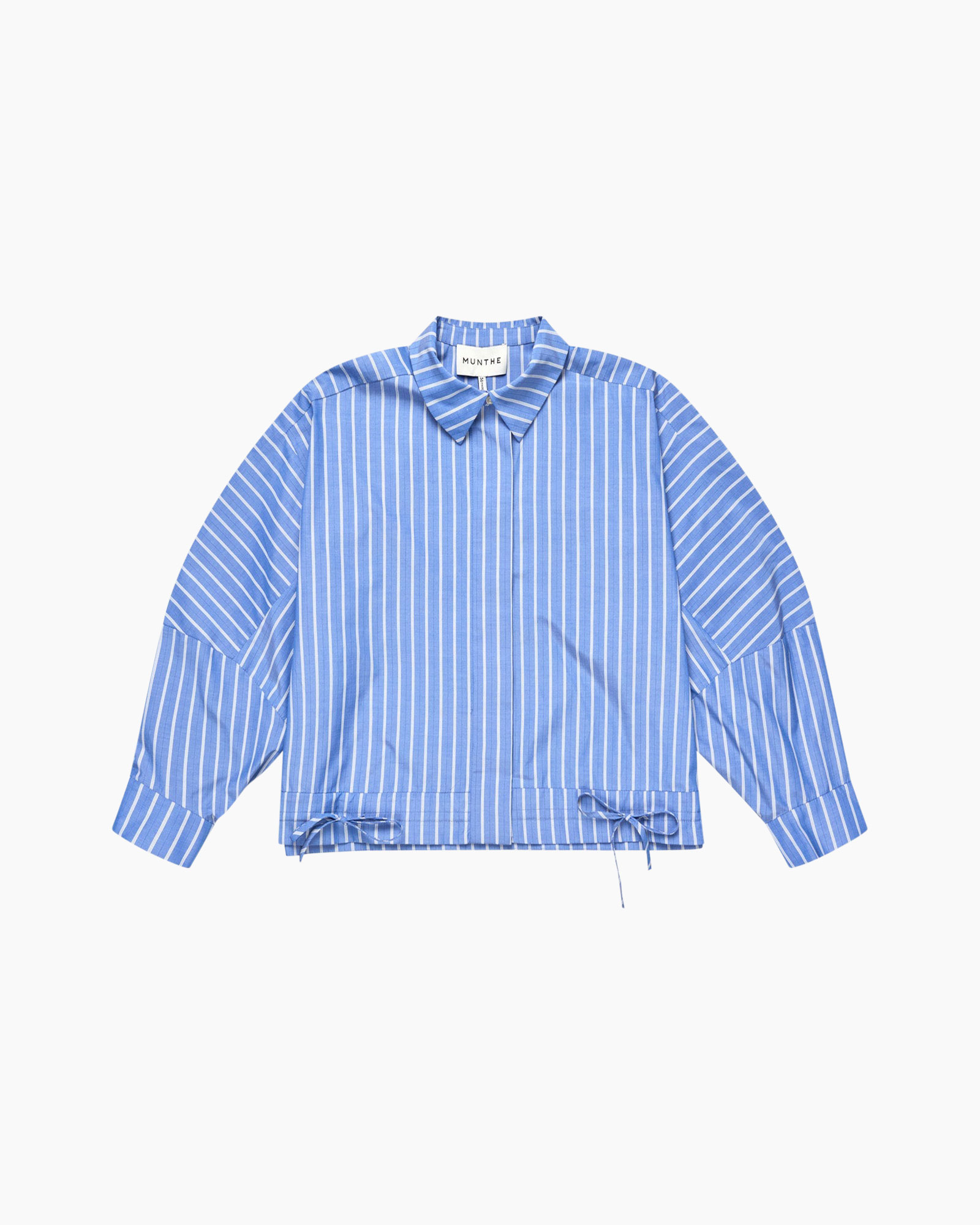 gestreept, blauw, blouse, kraag, touwsluiting